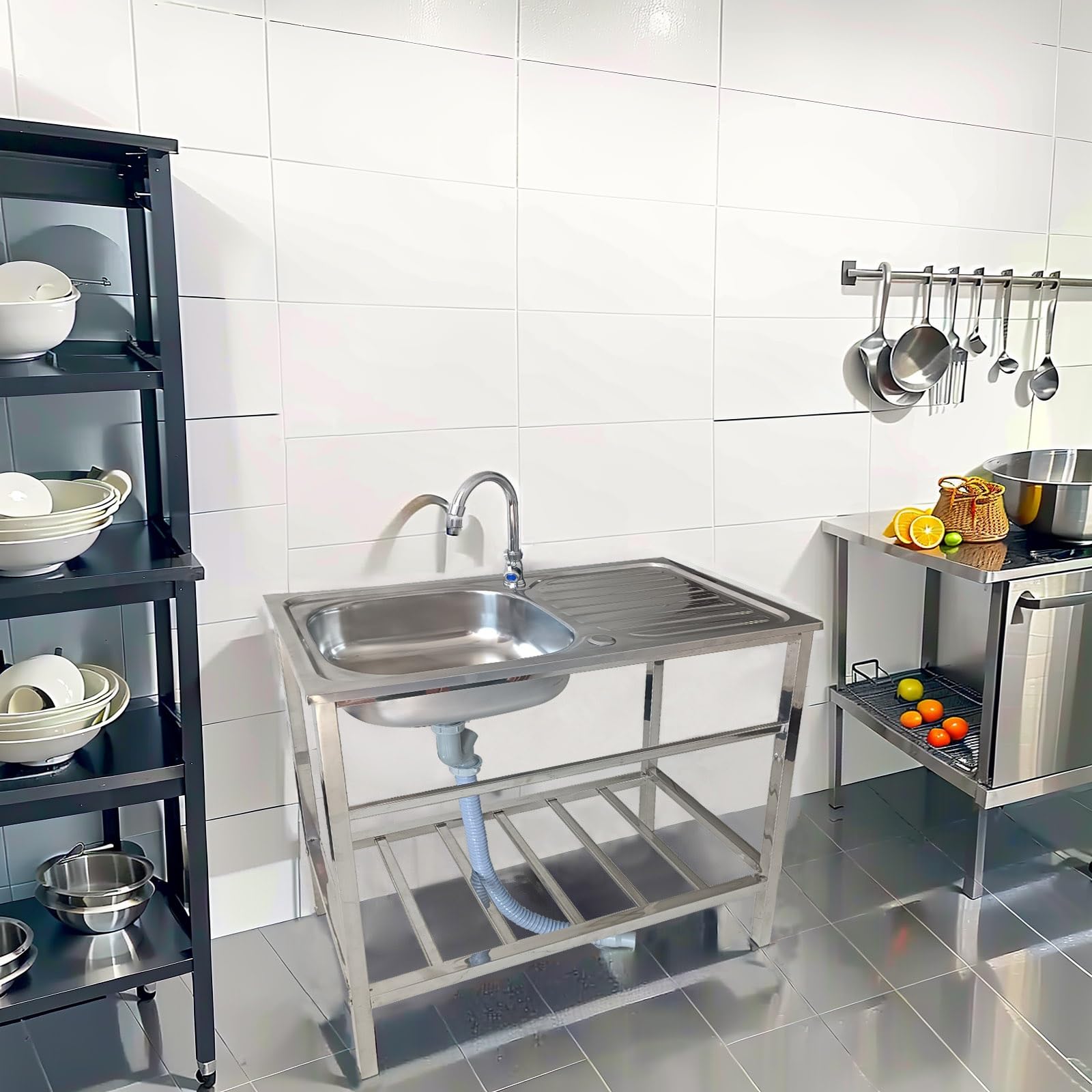 Extérieur Évier De Jardin Évier Sur Pieds En Acier Inox 1 Bac Mobile Cuisine Commercial Autoportant ÉVier avec Robinet Évier Utilitaire pour Sous-sol Restaurant Facile à Nettoyer 75x40xH75cm