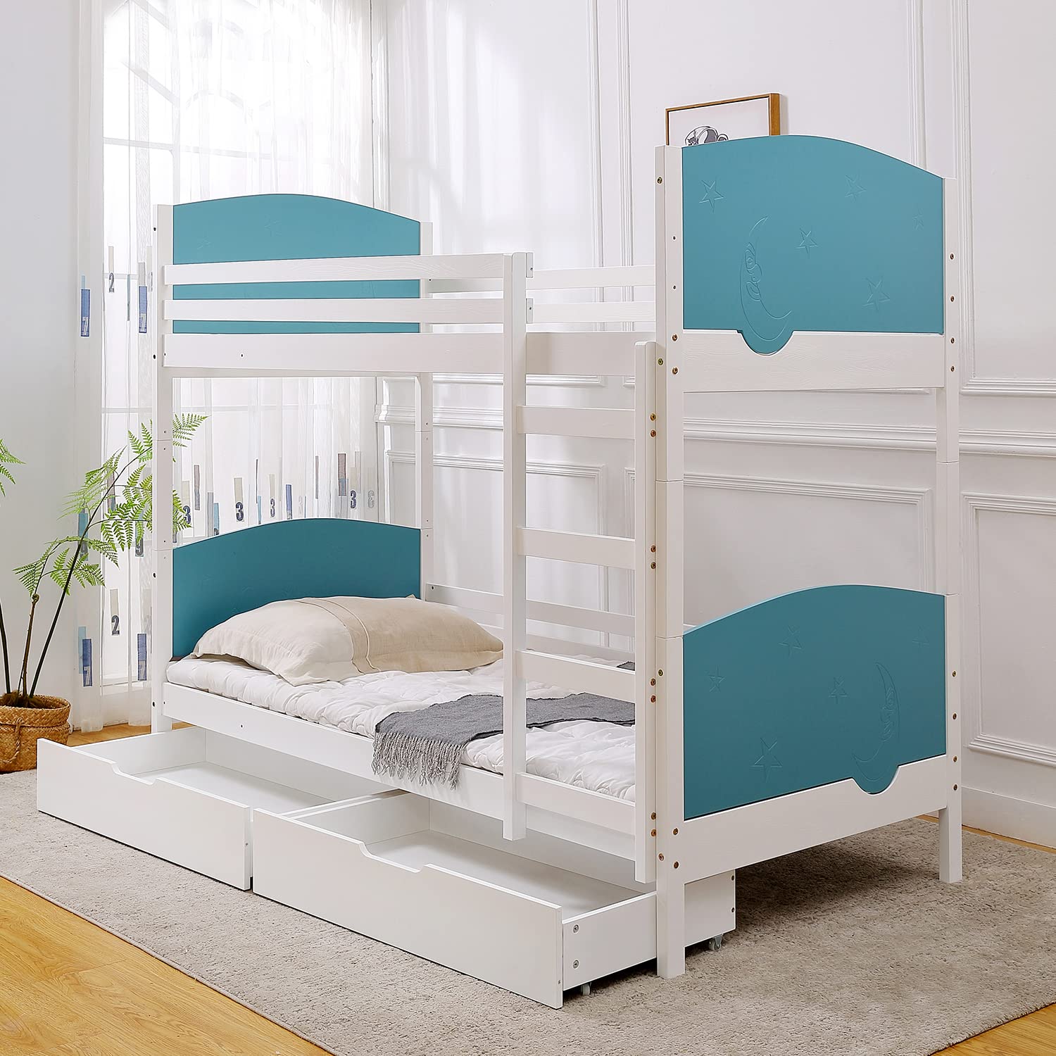 KIDOMATE Pine Alaska Painted Twin Over Twin Bunk Bed for Kids - Blue