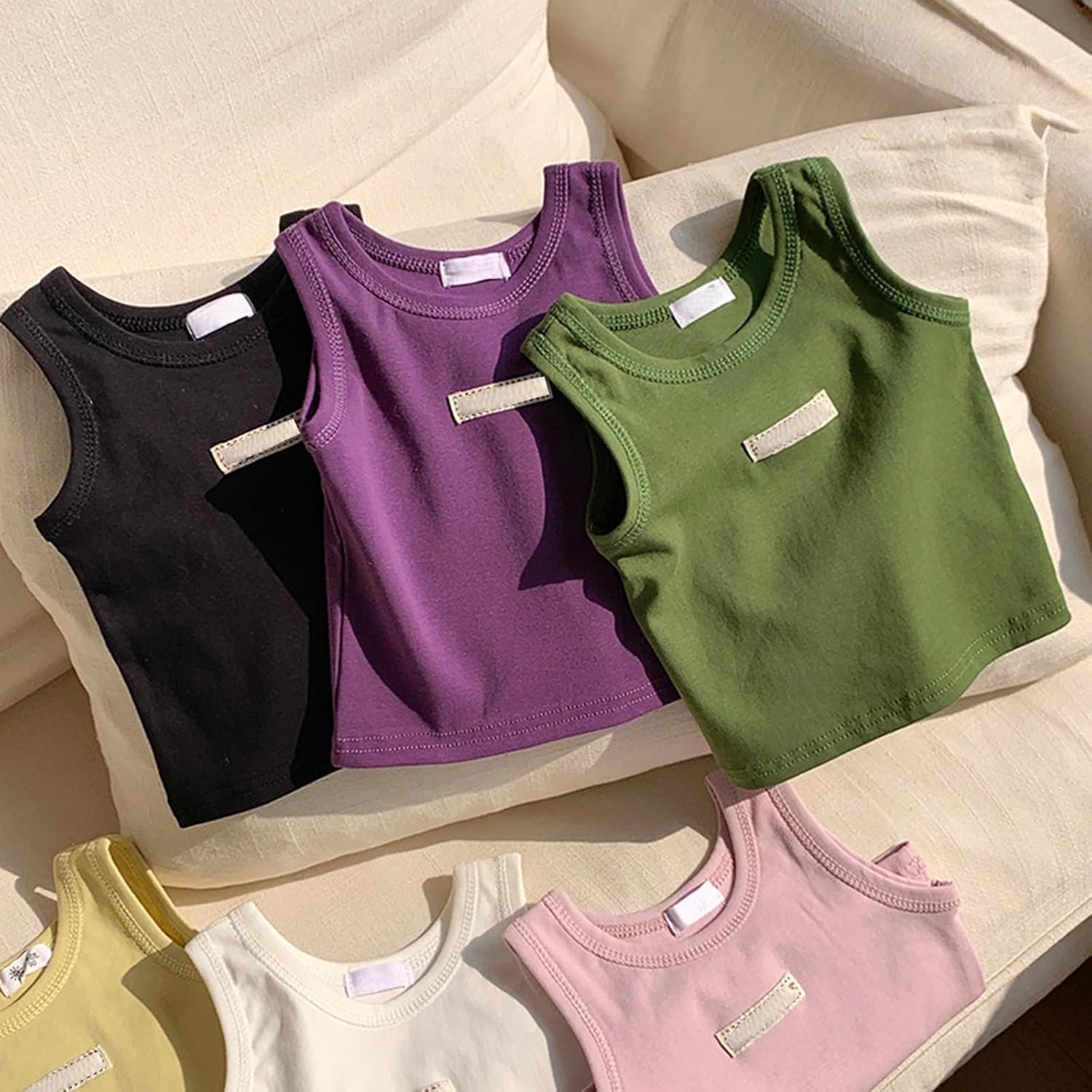 Kids Girls Trim Tank Tops Summer Sleeveless Crew Neck Slim Fit Crop Vest Casual Cotton Light Breathable Basic Shirts
