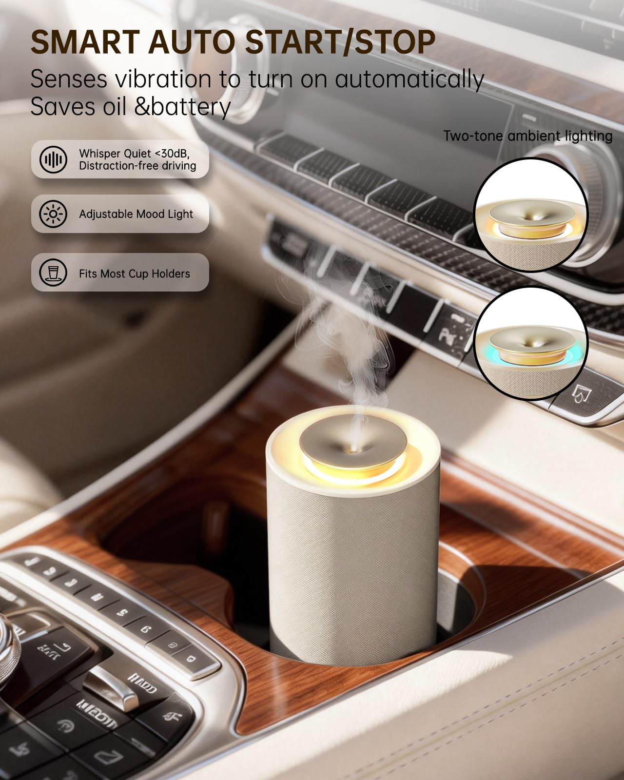 Aroma Diffuser Kabellos, Wasserloser Duftzerstäuber mit hochwertigem Stoffbezug für Ätherische Öle mit Akku & Warmlicht, Eleganter Raumduft Vernebler für Wohnzimmer & Auto (Smart Sensor)-Cremeweiß