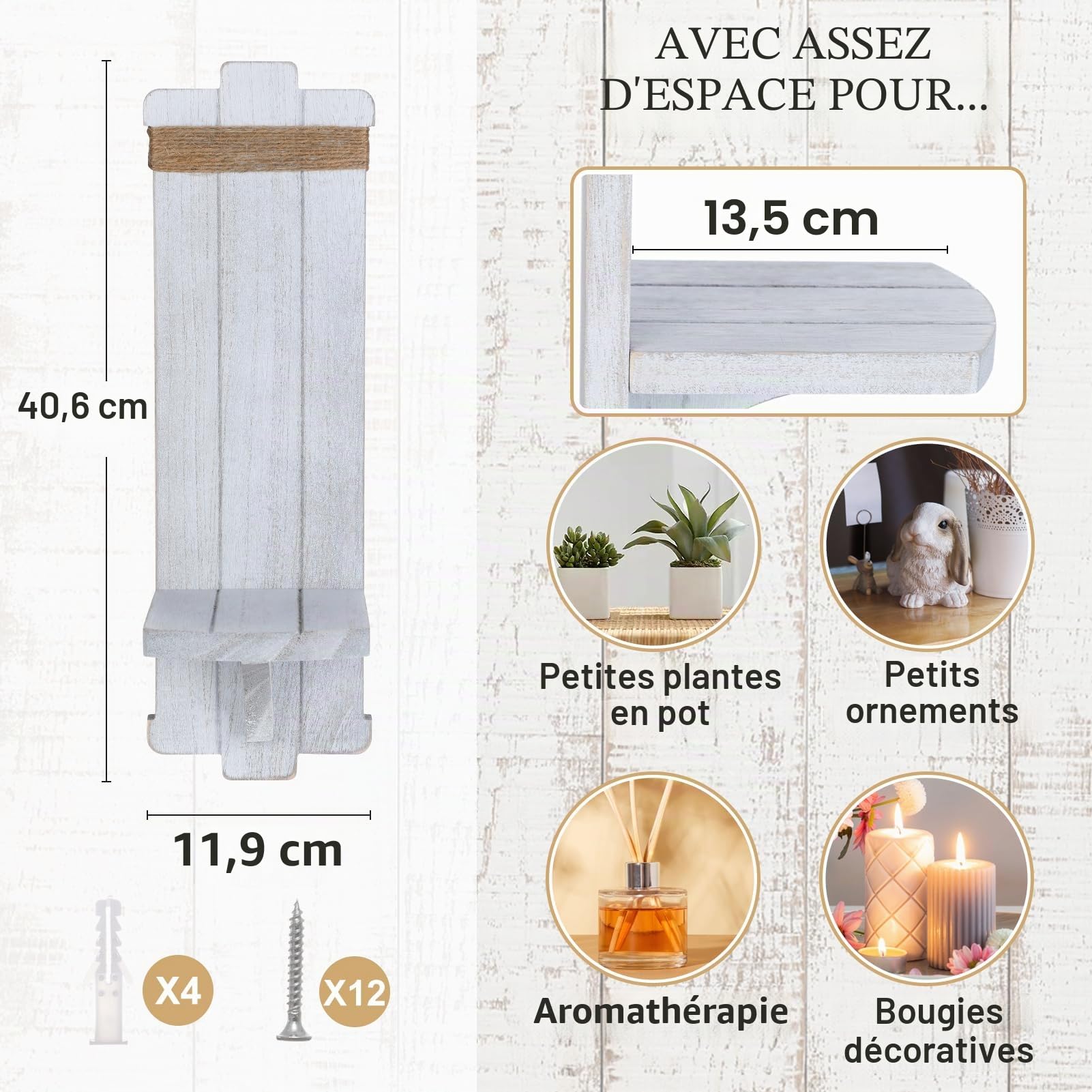 Alphatool Lot de 2 Appliques murales rustiques à Suspendre en Bois de Style Nordique pour Chambre à Coucher, Salon, Cuisine, Salle de Bain, Blanc, Gris, Noir