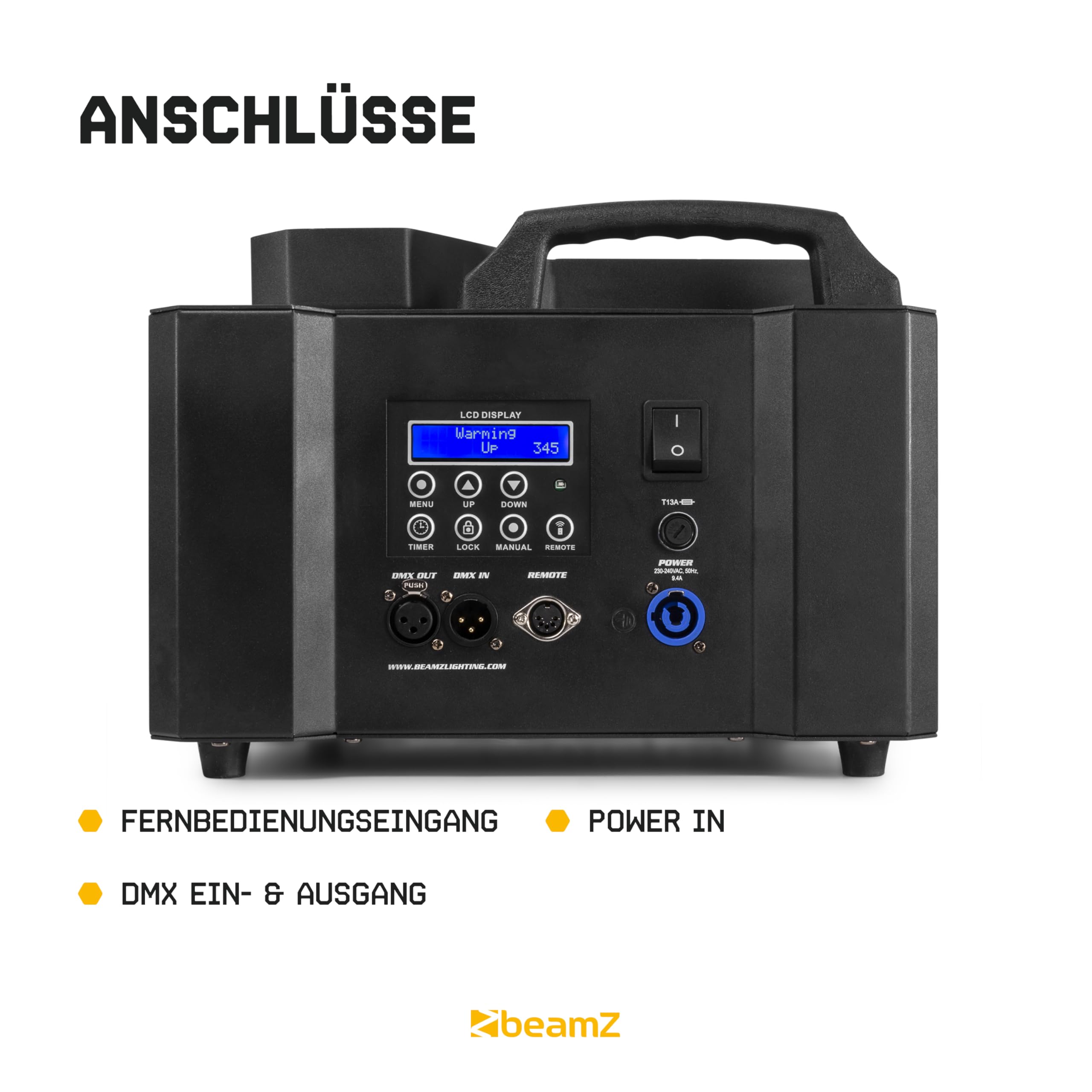 BeamZ Blaze2200 - Nebelmaschine mit Lichteffekt 2200 Watt, inkl. 10L Nebelfluid vertikal und horizontal Rauchmaschine mit 24x4W LED Spots, für professionelle Shows, Halloween, Hochzeiten, DJs, Partys