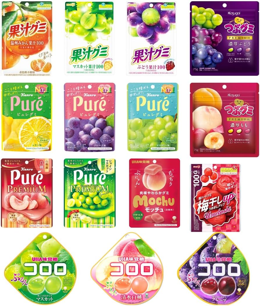 Japanese Gummy Candy Assortment 15 Pack Total 30.66oz(869g) – Fruity Variety with Peach, Grape, Muscat, Mikan & More – Soft Chewy Texture – Popular Japanese Snacks