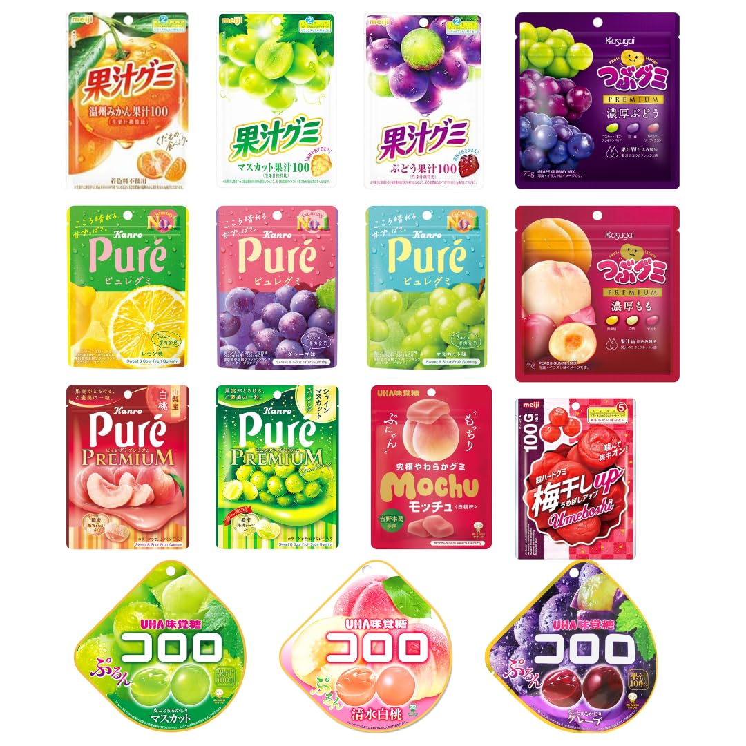 Japanese Gummy Candy Assortment 15 Pack Total 30.66oz(869g) – Fruity Variety with Peach, Grape, Muscat, Mikan & More – Soft Chewy Texture – Popular Japanese Snacks
