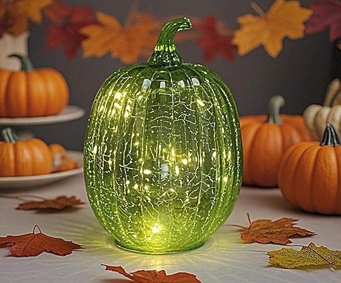 CFDECOR Fall Decor,Crackle Glass Pumpkin Light with Timer, Battery Operated Led Pumpkin Lamp, Light up Glass Night Lights, Ideal for Halloween Thanksgiving Rustic Decor, Xmas Décor (Green) photo 3