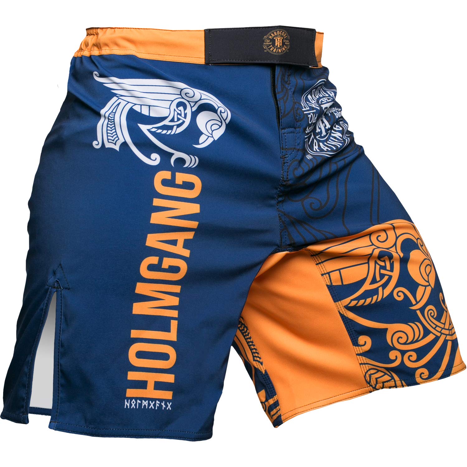 Hardcore Training Fight Shorts Boks Męski Szorty do Walki MMA Combat BJJ Grappling Fitness Muay Thai Kickboxing No Gi (DE/NL/SE/PL, Alfa, L, Regularny, Regularny, Niebieski Żółty)