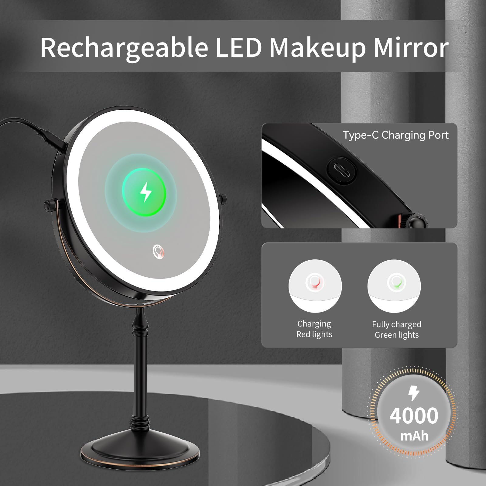 Nicesail Specchio Trucco Ingranditore 10x Grande con Luce da Tavolo - Ricaricabile - Luce a 3 Colori - Luminosità Regolabile - Bronzo Nero - Specchio Barba Uomo,Diametro 20cm