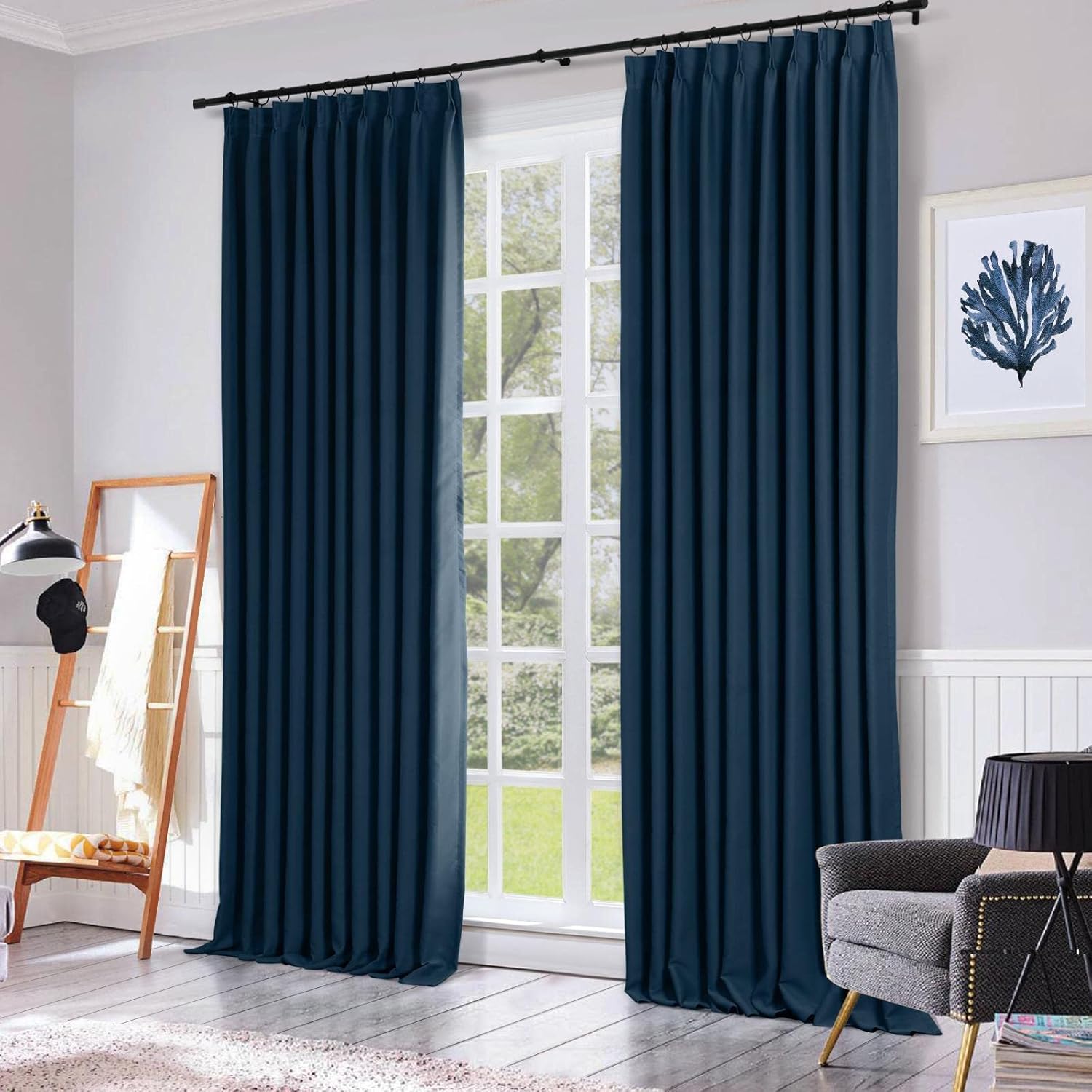 ChadMade Pinch Pleat Blackout Curtain Heavyweight 63 Inches Long Drape 27Wx63L for Small Windows, Navy (1 Panel) Memory Trained