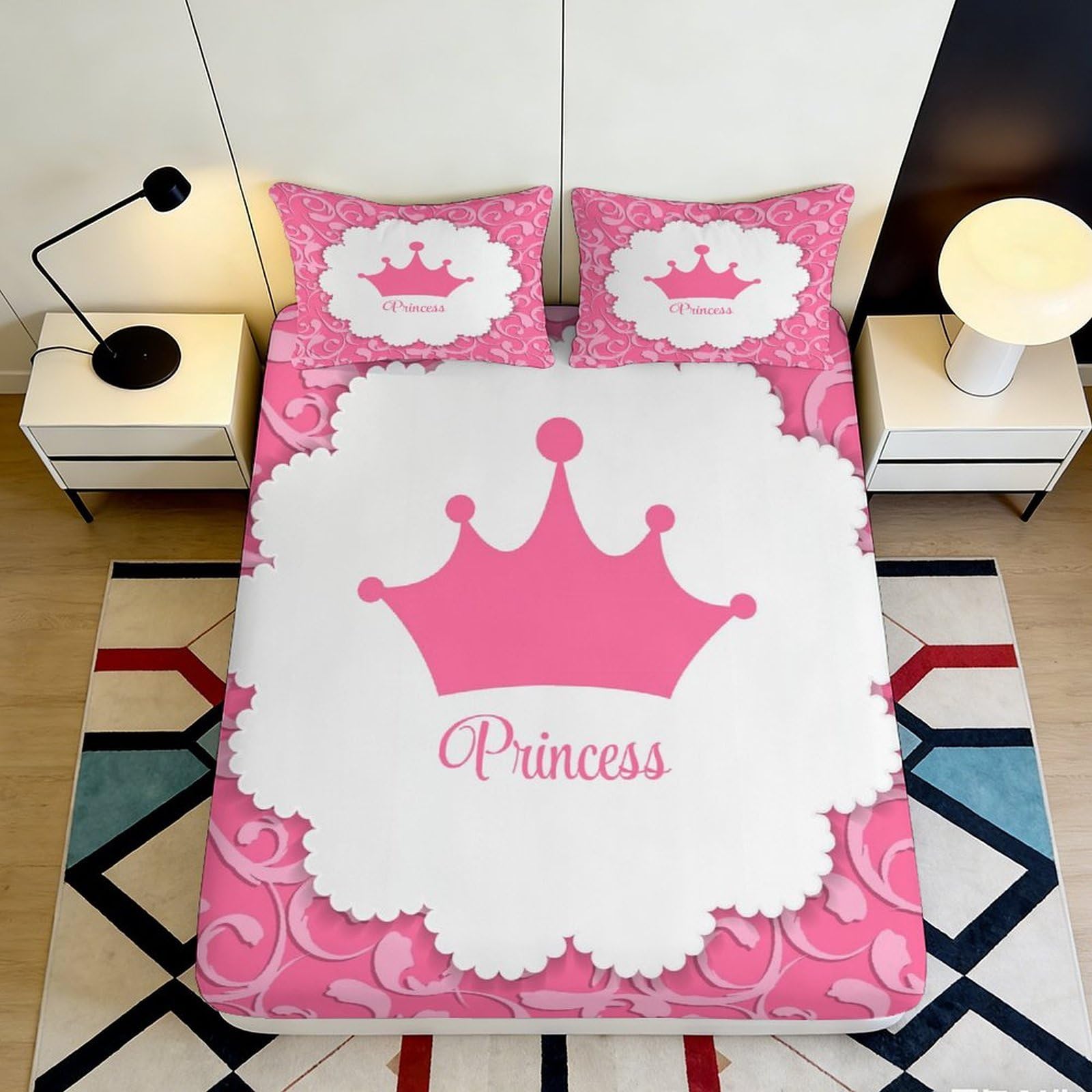 3D Printed Pink Princess Crown Fitted Sheet Microfiber Non-Slip Bed Cover for Bedroom Dorm Mattress Decor Easy Care 90x200x25cm