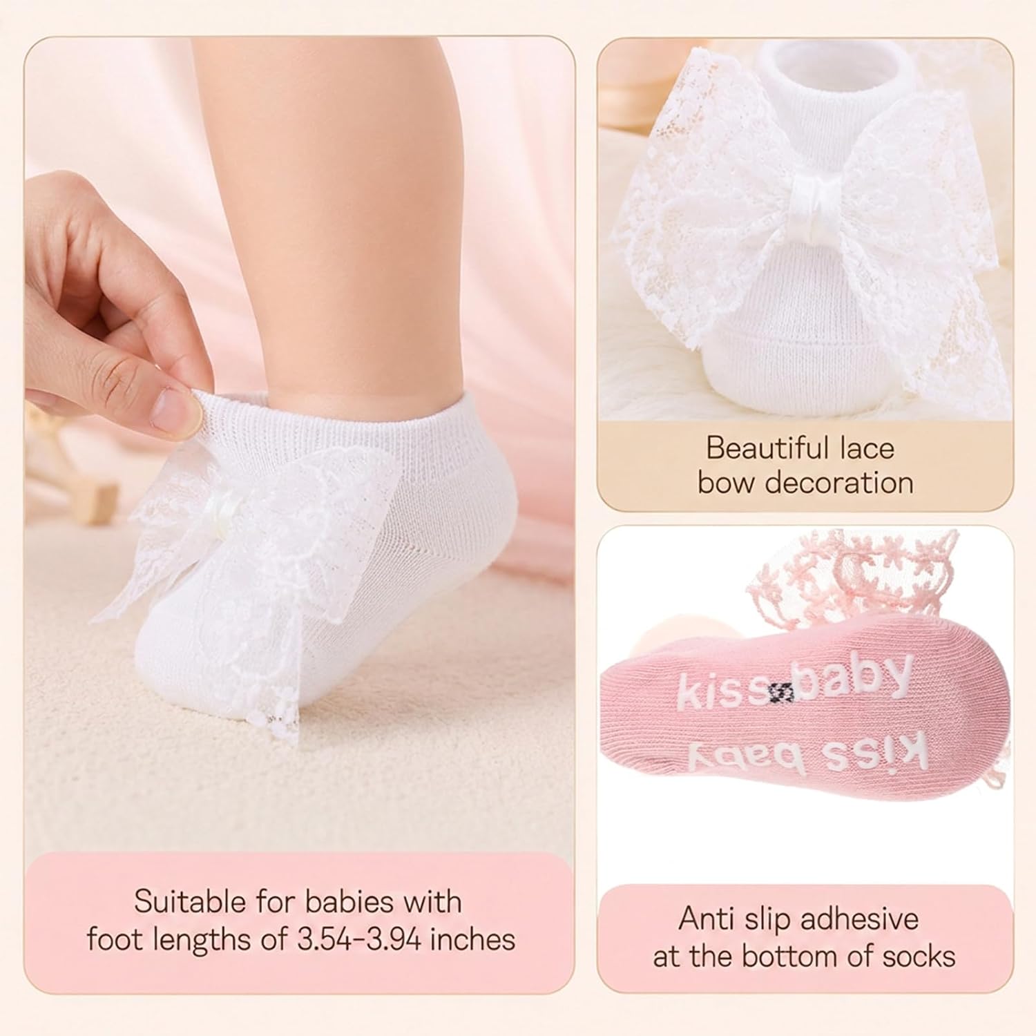 3 Pairs Baby Girls Socks, Lace Bow Non-Slip Grip Ankle Socks