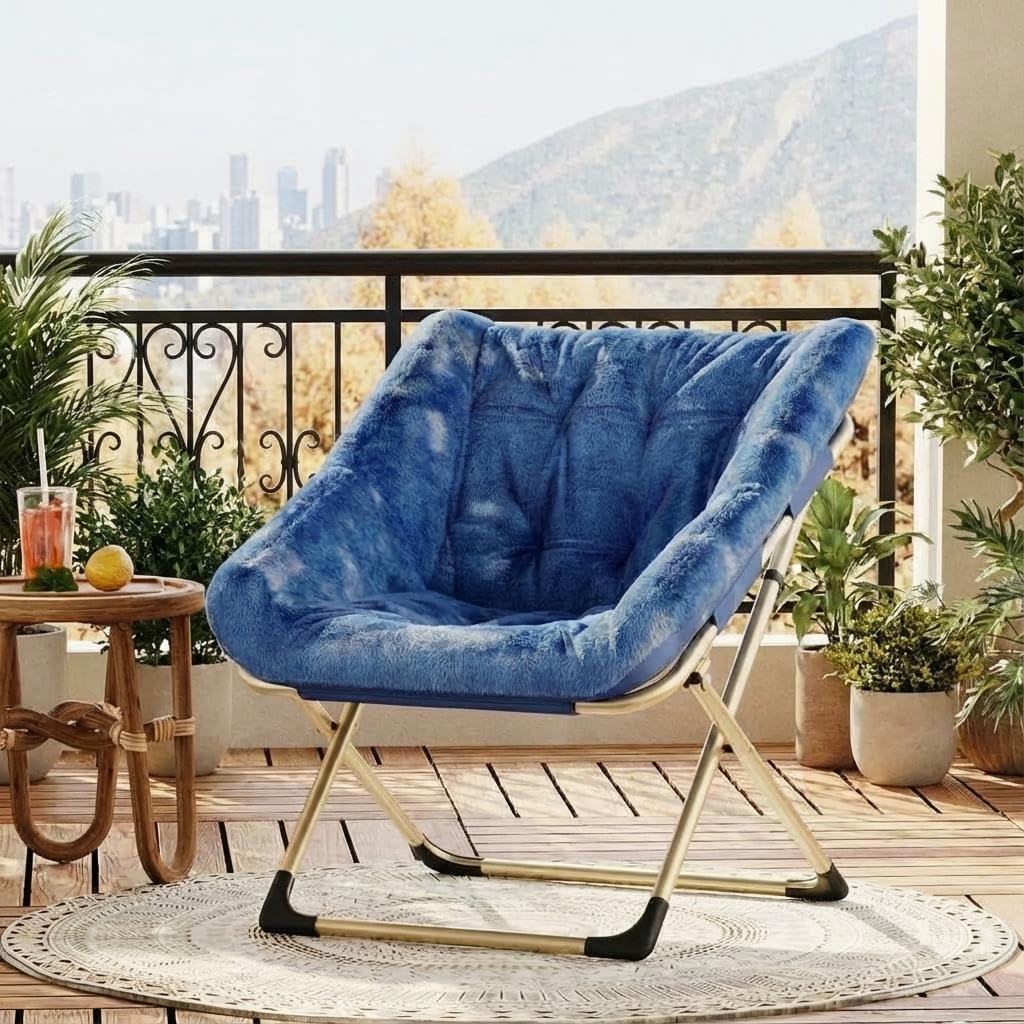 Garvee Silla Plegable Tipo Luna para Adultos, Sillón Lounge Cómodo con Estructura De Acero y Pelo Sintético Suave, Sin Montaje, para Salón, Dormitorio o Apartamento, Azul