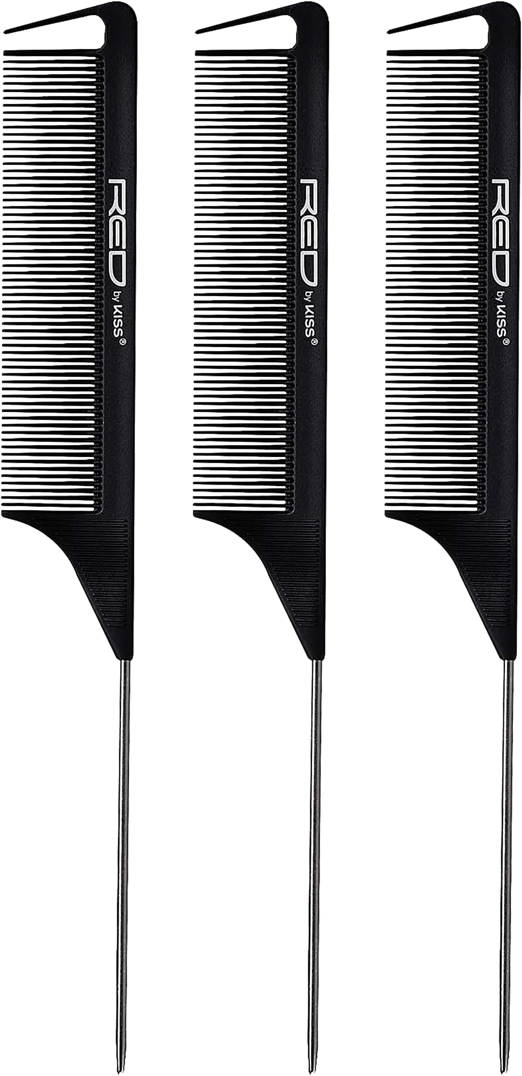 Red by Kiss 3 Pack Parting Pin Tail Comb Teasing Comb Reduces Frizz Heat Resistant (Black)