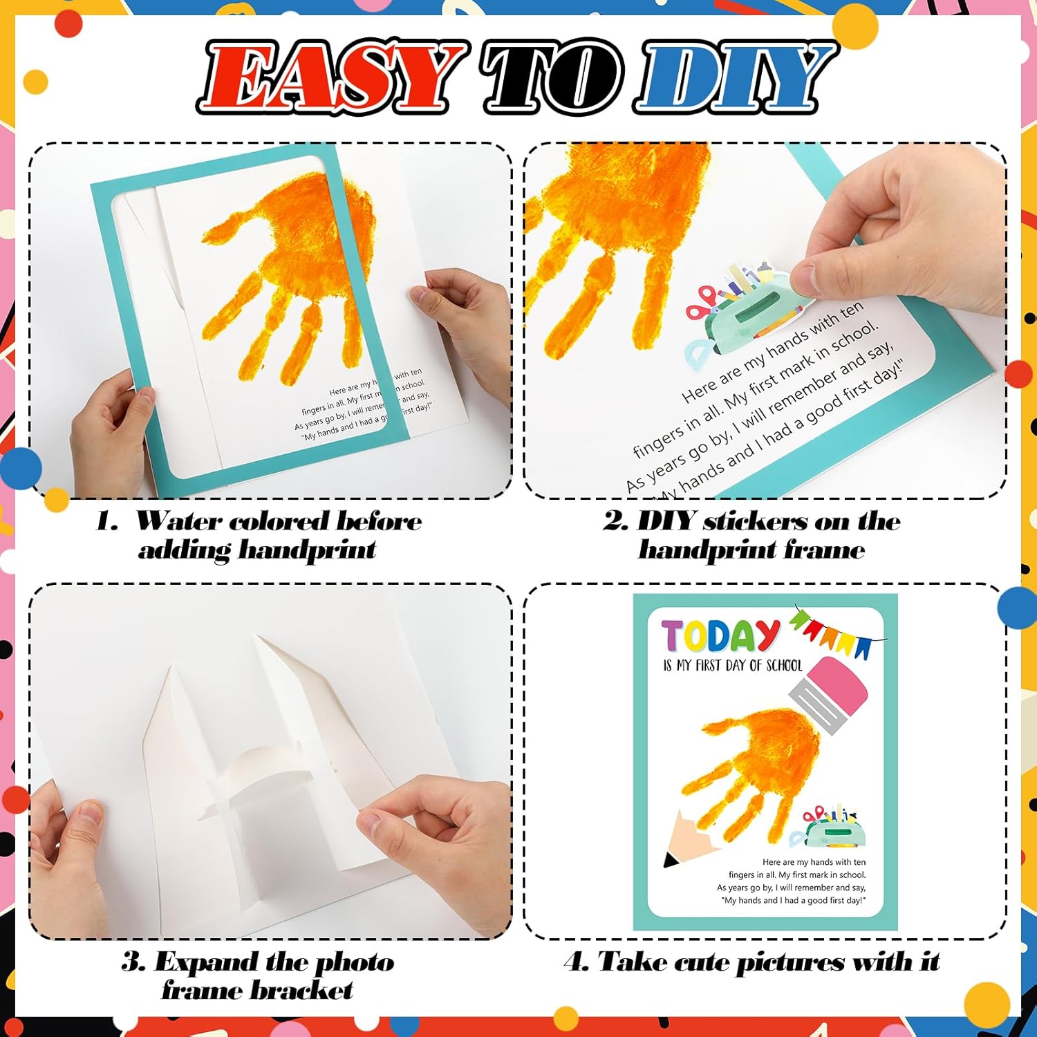 Beeveer 48 Set Back to School Handprint Craft for Kids DIY Handprint Photo Props Classroom Keepsake Cards for Teacher Supplies & Family Activities