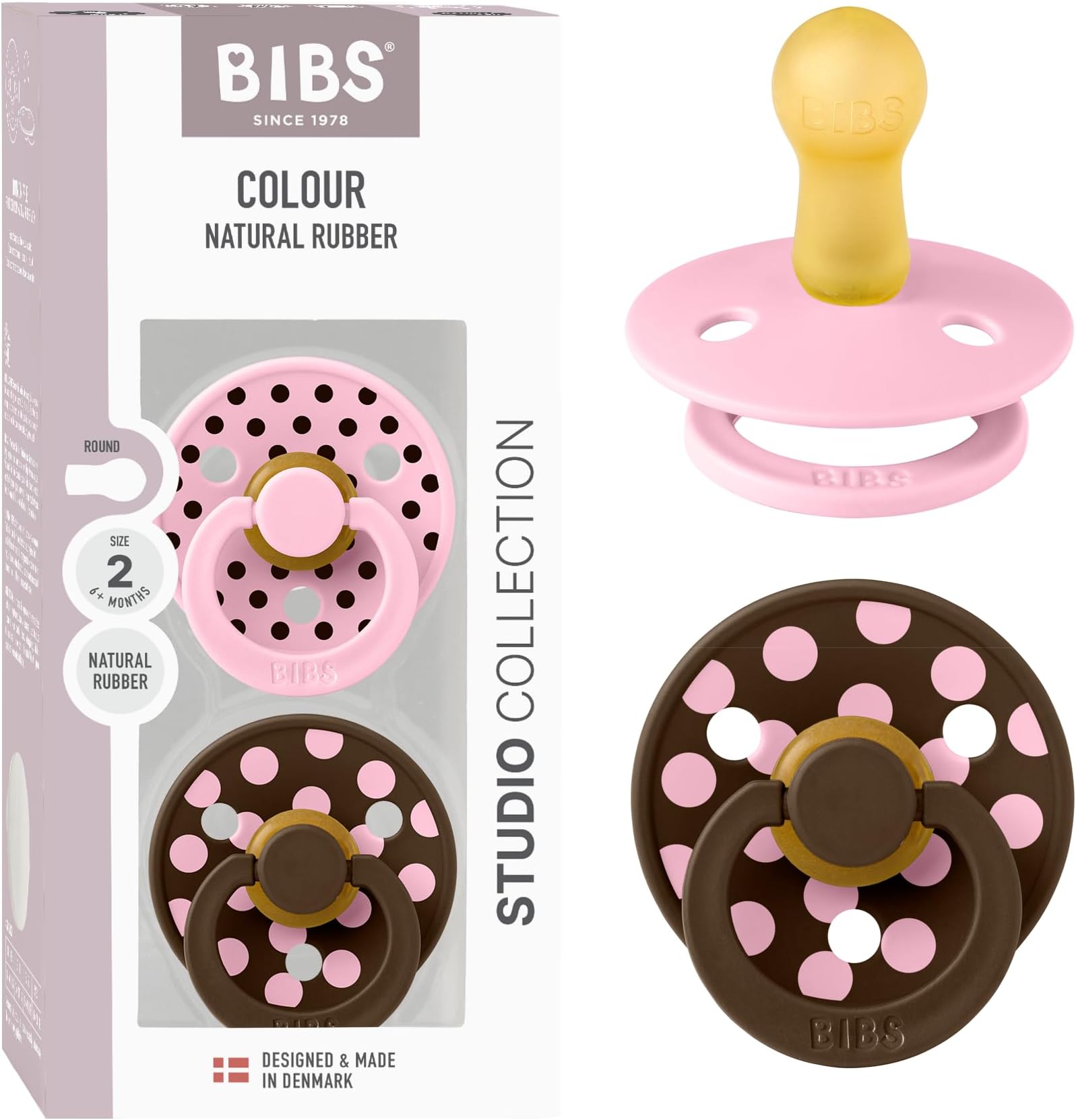 BIBS Polka Dots Soother 2-Pack, BPA Free Dummy Pacifier, Round Nipple. Natural Rubber Latex, Made in Denmark, Size 2 (6-18 Months), Baby Pink/Mocha