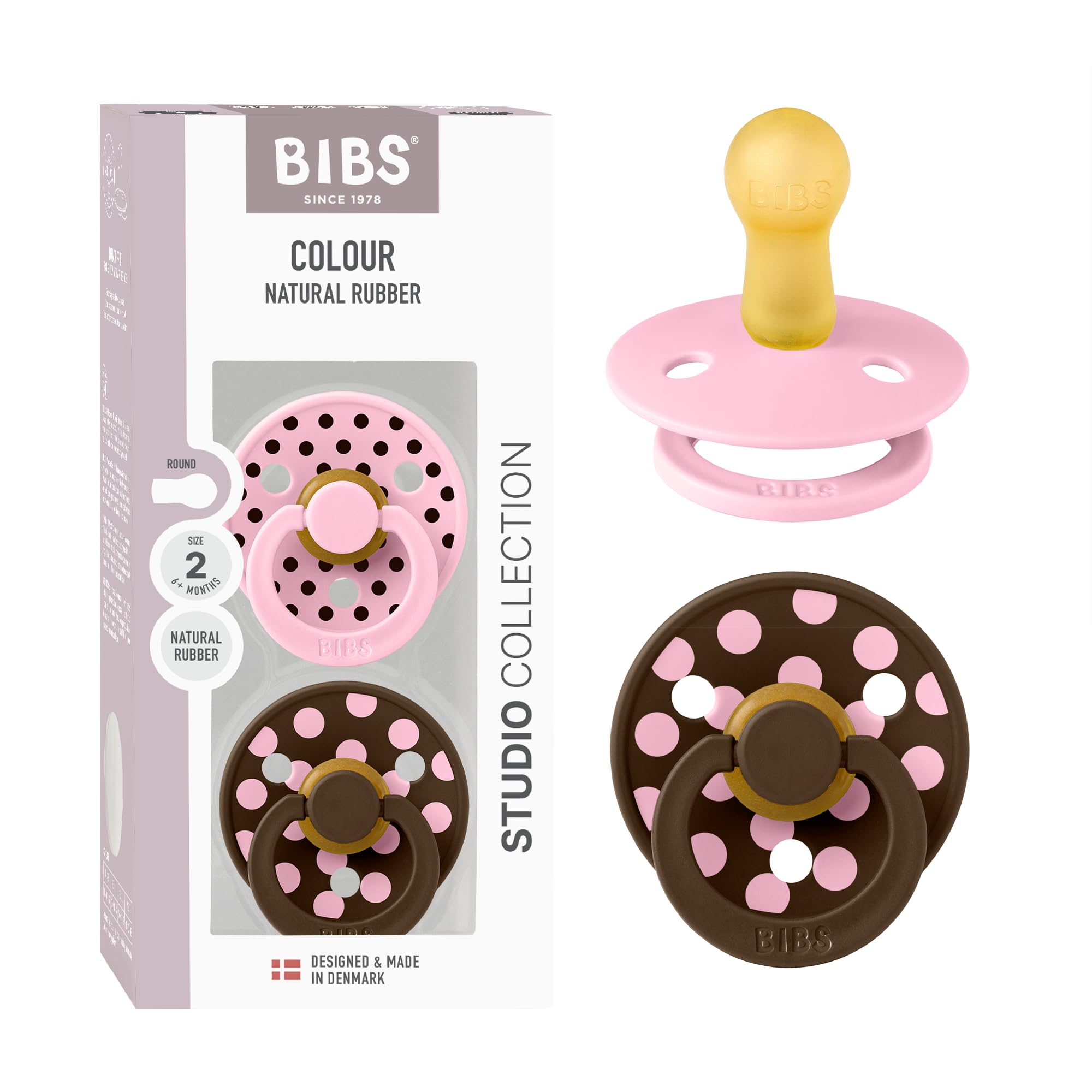BIBS Polka Dots Schnuller 2er-Pack, BPA-frei, Kirschform Nippel. Naturkautschuk/Latex, Hergestellt in Dänemark, Größe 2 (6-18 Monate), Baby Pink/Mocha