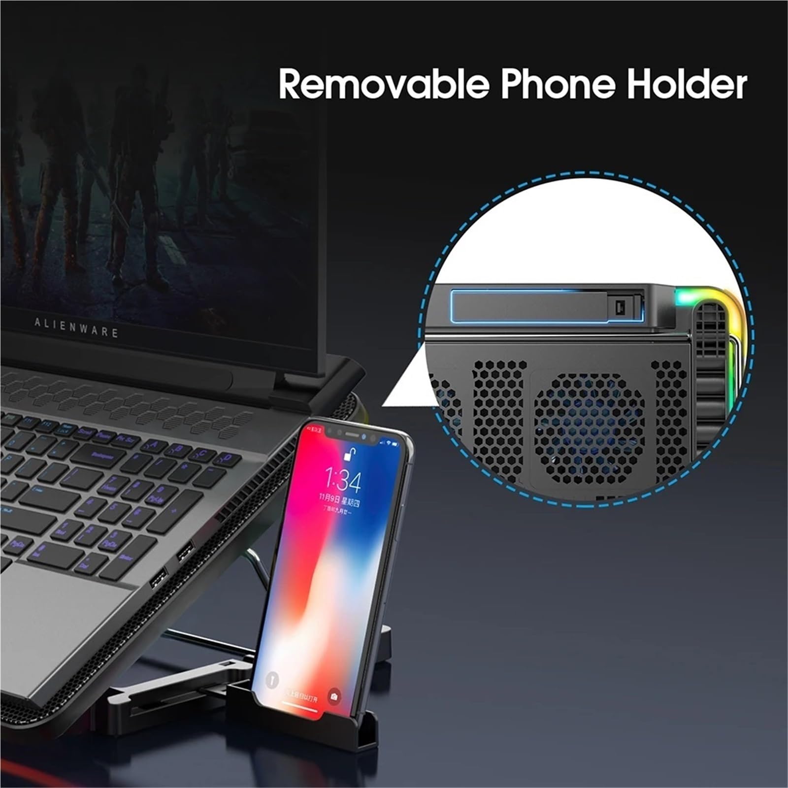 Laptop Cooler podstawka pod laptopa Podkładka chłodząca do laptopa z 6 cichymi wentylatorami, regulacją prędkości wiatru na 7 wysokości, podkładką chłodzącą do laptopa z telefonem komórkowym