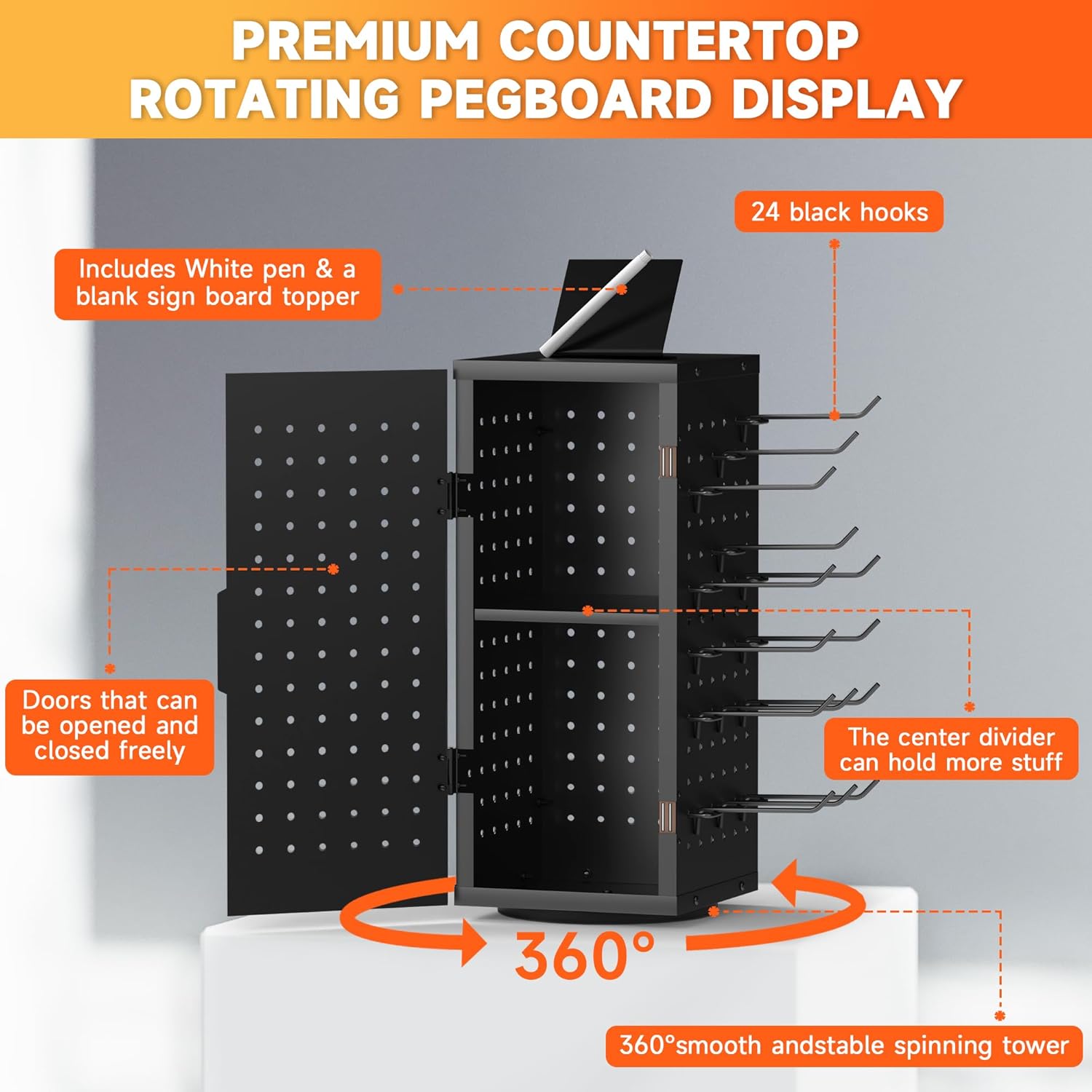 Alyoen Rotating Pegboard Display Stand With 24 Hooks - Metal Spinning Peg Board Organizer Accessories with Magnetic Door Design, Magnet Display Stand for Keychain, Jewelry, Earring