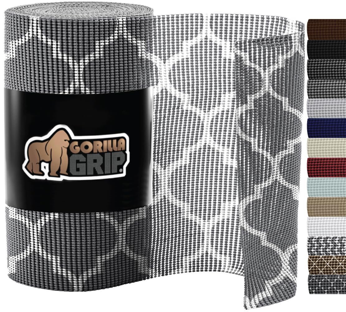 Gorilla Grip Drawer Shelf and Cabinet Liner, Thick Strong Grip, Non-Adhesive Liners Protect Kitchen Cabinets and Cupboard, Bathroom Drawers, Easy Install, Breathable Mat, 20" x20', Quatrefoil Gray