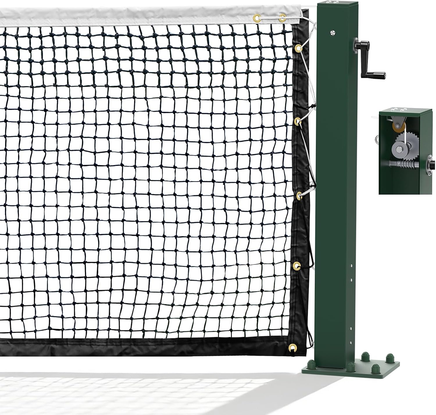 Surface Mount Tennis Net Posts with Heavy Duty Double-Layer Tennis Net, 4'' Square Aluminum Alloy Posts, Unique Built-in Winder Design, ITF Compliant, Sturdy and Durable