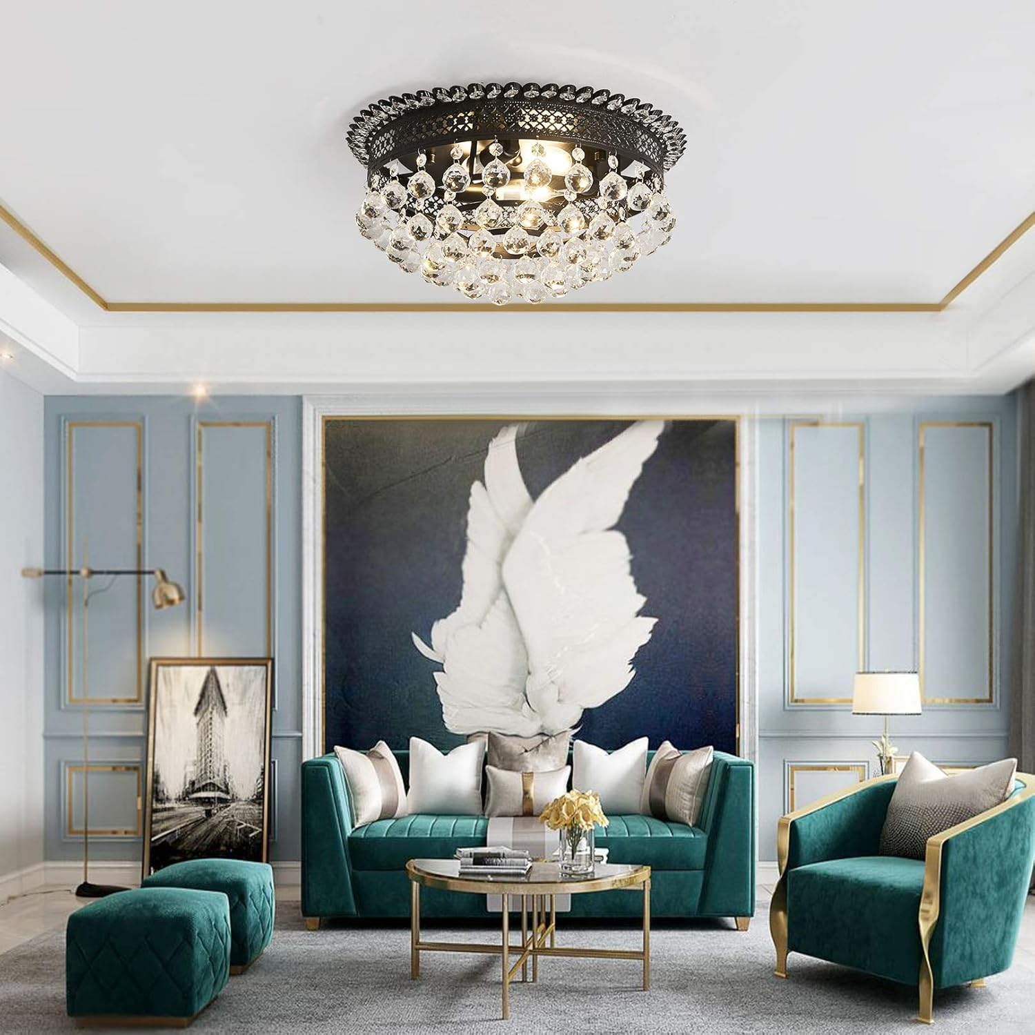 80% оƒƒ Dіѕсоunt 3-Light Black Crystal Chandelier ，Modern Semi Flush Mount Ceiling Lighting Fixture ，Ceiling Lamp for Dining Room Kitchen Hallway Island Bedroom Foyer Laundry