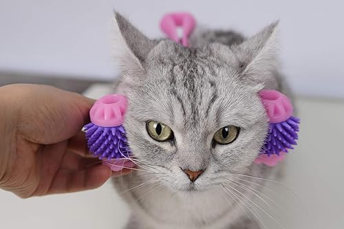 Miniatura 5 de Relajador de rodillo masajeador para gatos, herramienta de cepillo de aseo de silicona (palo rosa con cepillo púrpura)