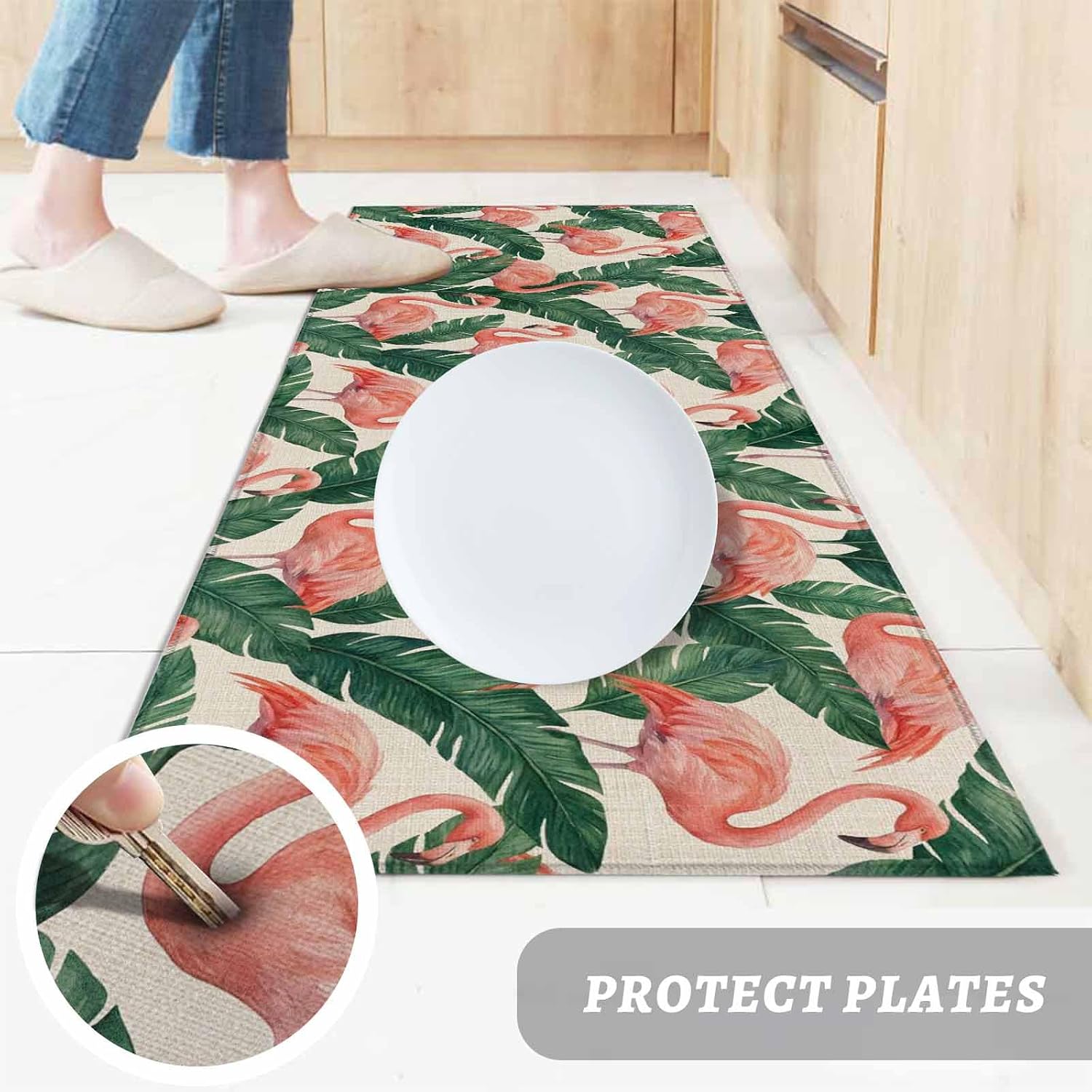 Teamery Kitchen Mats for Floor Pink Flamingo Palm Leaves Washable Non Slip Kitchen Rugs 1PCS, Watercolor Animal Plant on Linen Absorbent Standing Mats for Sink Bathroom Office Living Room 15.7x47.2in