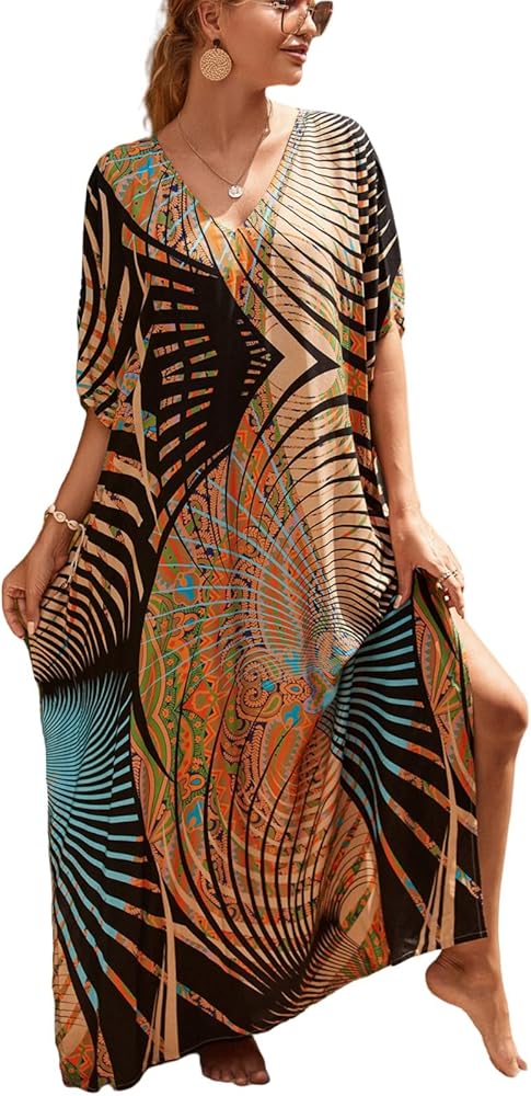 Amazon.com: Lziizl Kaftan Dresses for Women Plus Size Bathing Suit Cover up  Batwing Sleeve Caftan Maxi Beach Dress : Clothing, Shoes & Jewelry