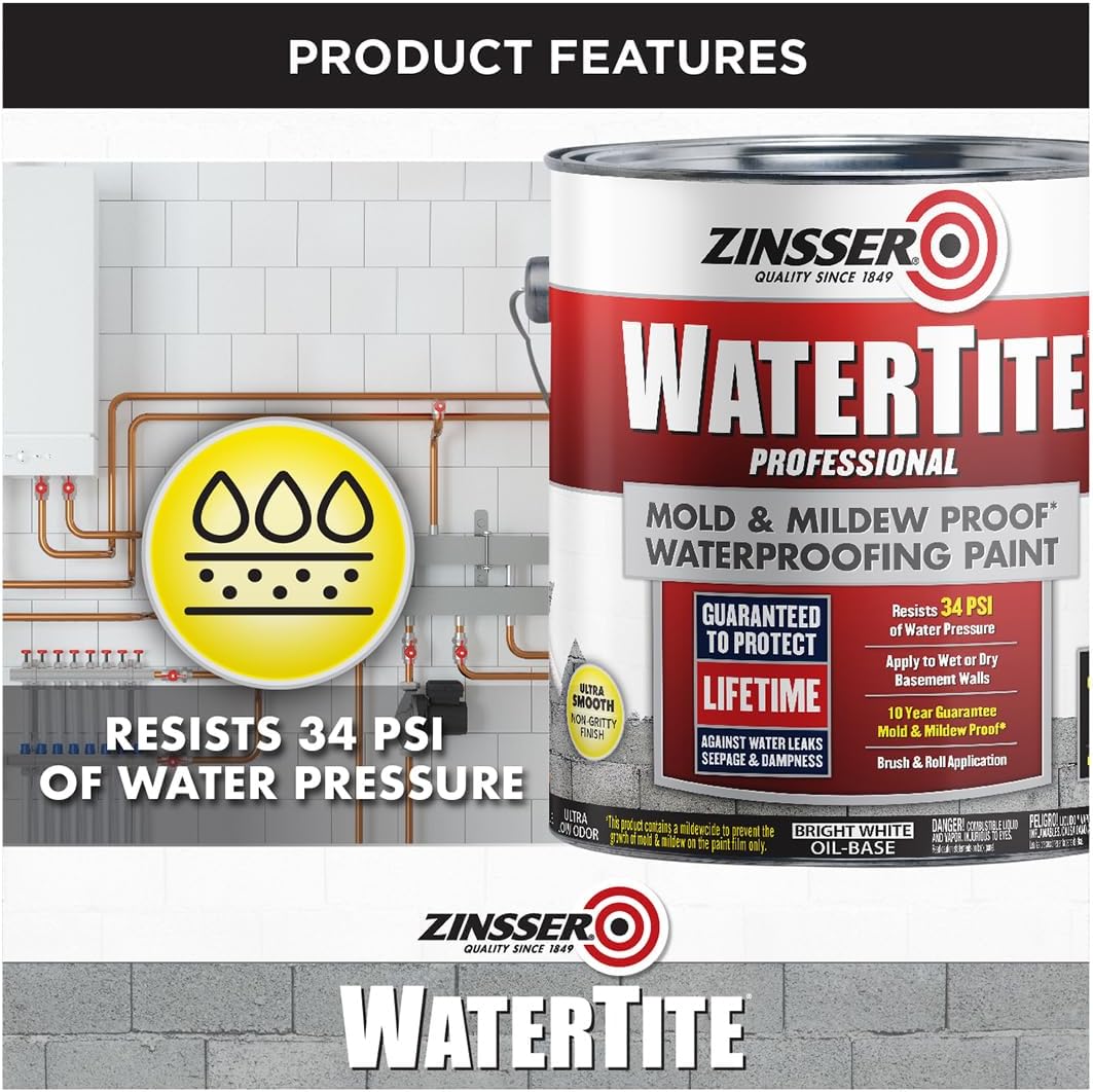 Zinsser 5001-2PK WaterTite Professional Waterproofing Paint, Gallon, White, 2 Pack