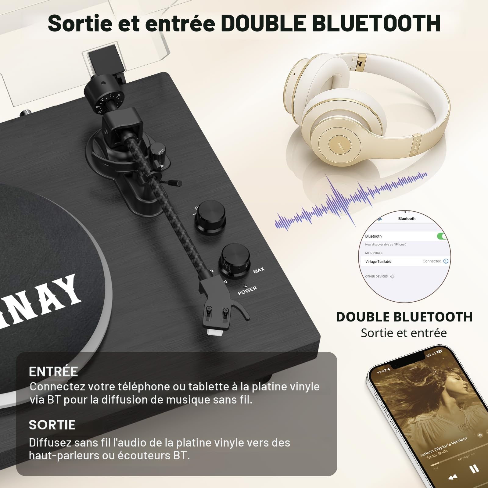 Trynnay Platine Vinyle, Tourne Disque Système HiFi, entrée/Sortie Bluetooth, 33/45 Tours/Minute, Compatible vinyles 7/10/12 Pouces, Son Hi-FI pour Les Amateurs de vinyles, Noir