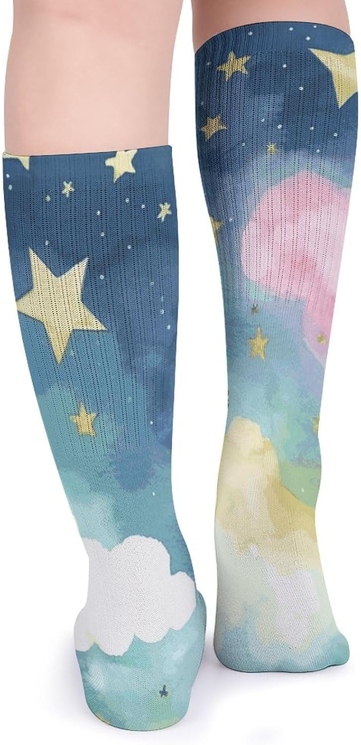 Super Value Fashion Large Chemical Fiber Men's And Women's Breathable Stars Watercolor Sky Printed Stockings 5 Pairs of Super Soft Non-binding Moisture Wicking Christmas Socks 15.7 in