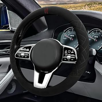 Suede Steering Wheel Cover for Cars, Anti-Slip Comfortable Luxury Car Steering Wheel Cover Protector Universal Fits 14.5-15 Inch, Sporty Automotive Interior Decor, Car Accessories Red