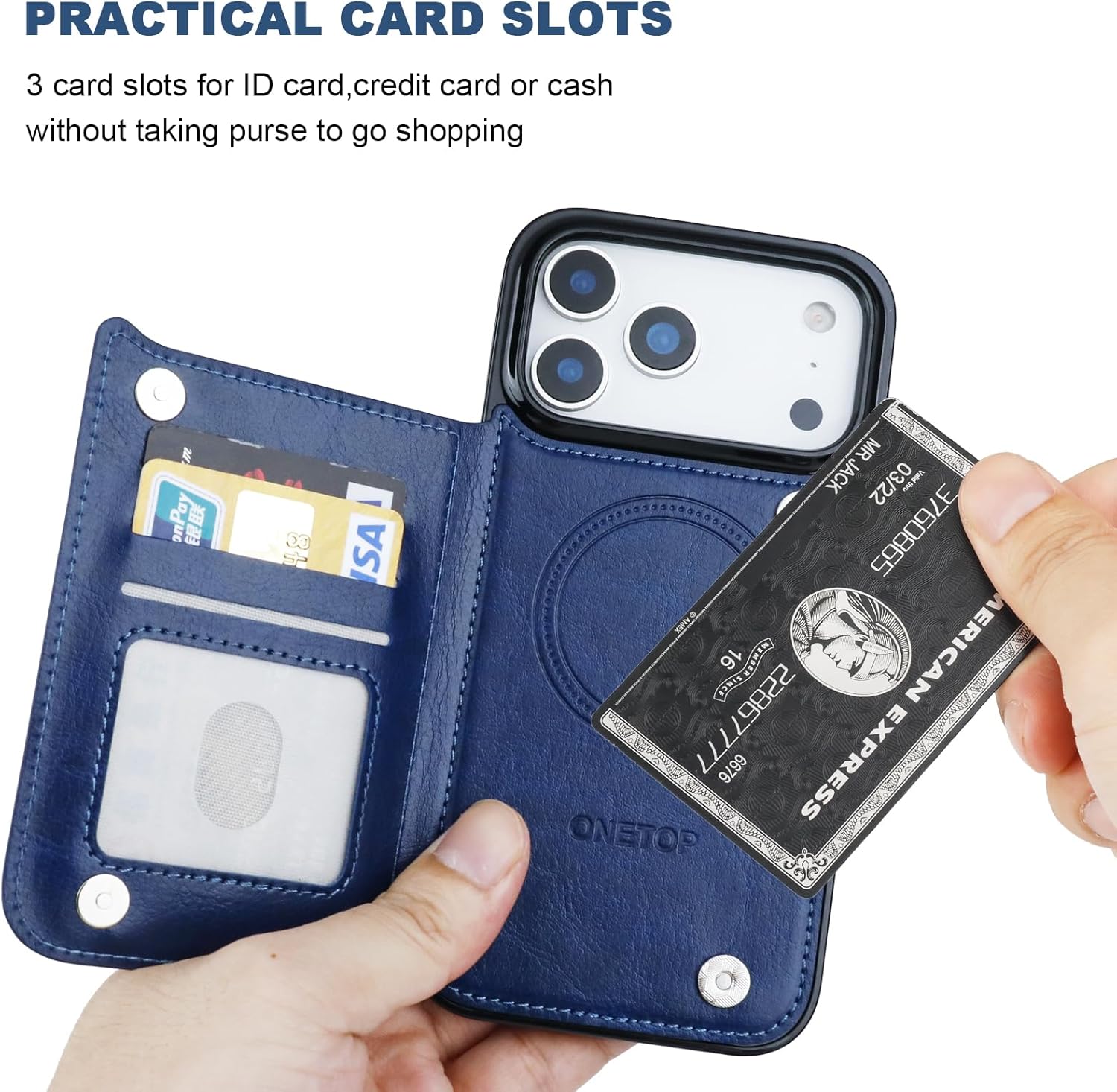 ONETOP Compatible with Magsafe for iPhone 17 Pro Max Wallet Case with Card Holder, PU Leather Kickstand RFID Blocking Case, Double Magnetic Clasp and Durable Shockproof Cover 6.9 Inch (Blue)
