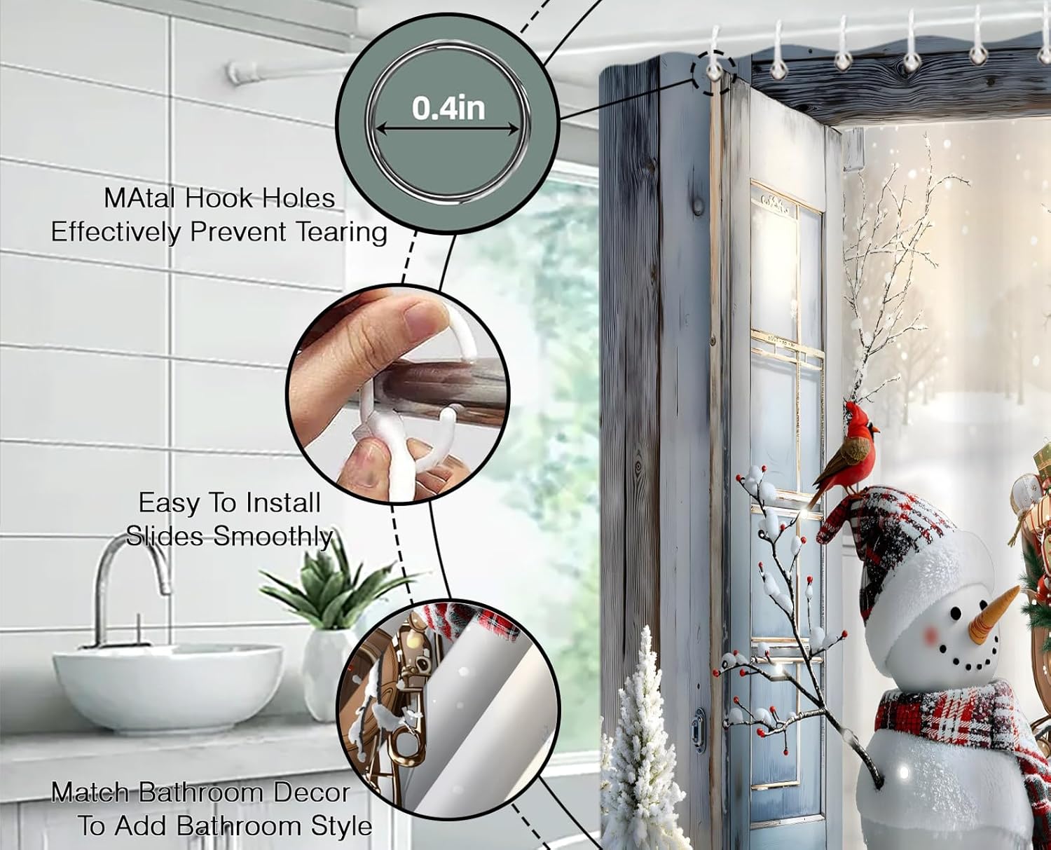 Christmas Snowman Shower Curtain Winter Barn Door Xmas Pine Trees Forest Snowflake Holiday Vintage 70" Wx78 H Fabric Bathroom Decor Curtain with Hooks