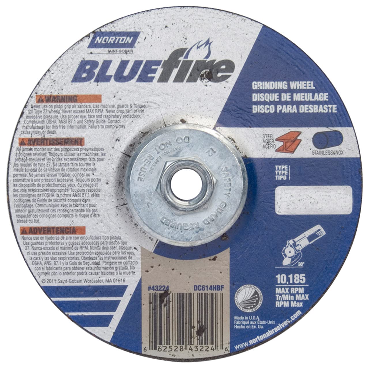 Norton 66252843224 6x1/4x5/8-11 in. BlueFire ZA/AO Grinding Wheels, Type 27, 24 Grit, 10 Pack