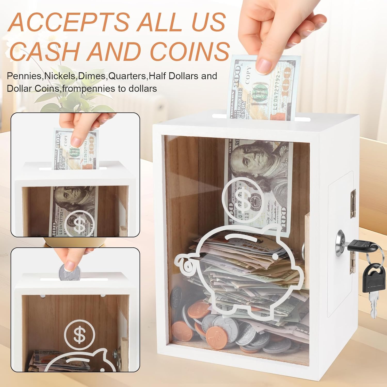 Clear Piggy Bank with Lock, Large Money Saving Jar Money Bank Box Container for Cash Saving, Openable Clear Money Coin Change Bank Jar Container Penny Piggy Jar Bank for Adults Kids, White