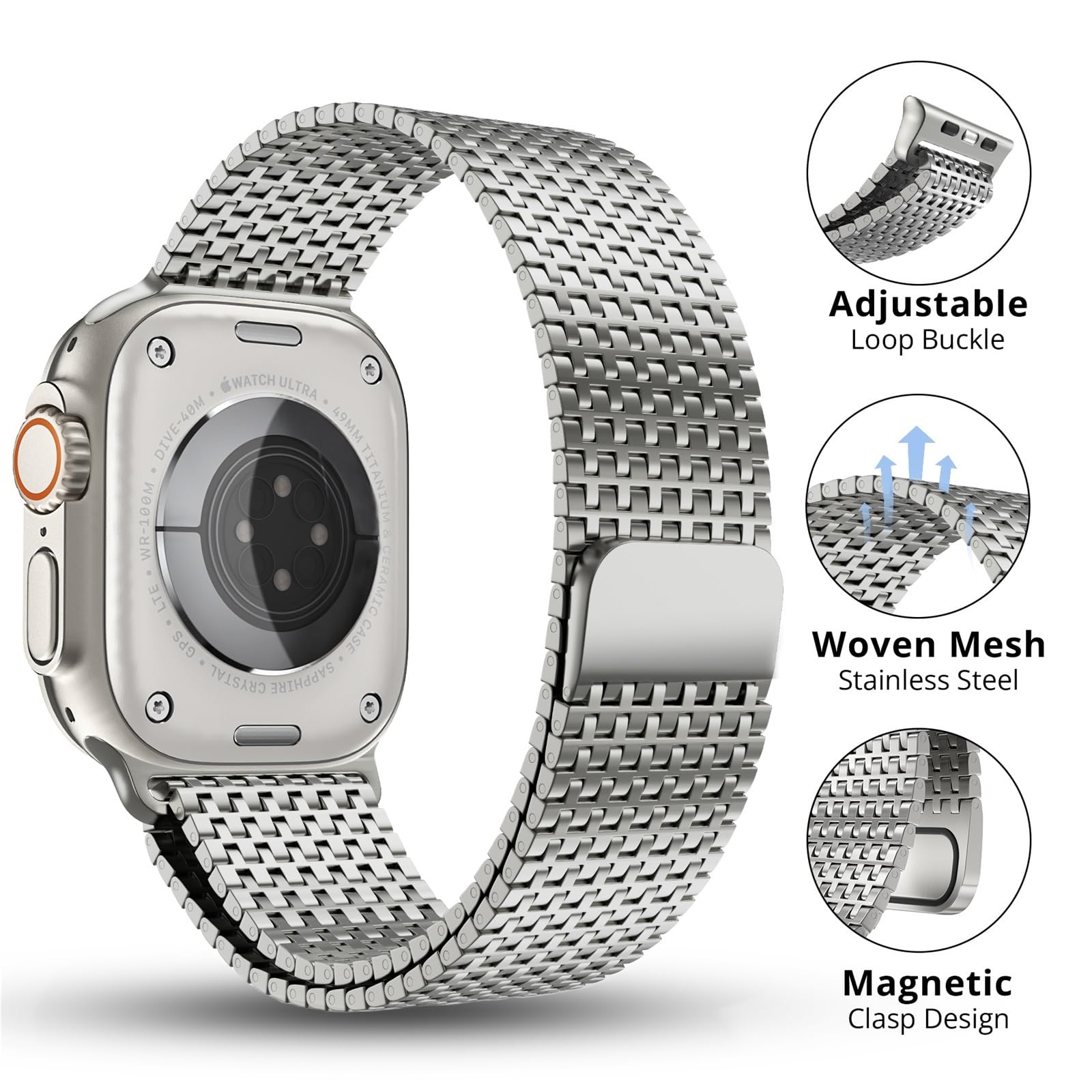 Bracelet de fermoir magnétique en acier inoxydable à boucle en maille pour Apple Watch BAND Ultra 2 49MM série 10/9/8/7/6/SE/5/4/3/2 38/40/41MM 42/44/45/49mm S10 42MM 46MM Sangle