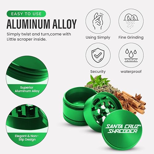 Miniatura 6 de Santa Cruz Shredder Molinillo de hierbas de metal con parte superior moleteada para un agarre más fuerte, 3 piezas, pequeño de 1.7 pulgadas (verde)