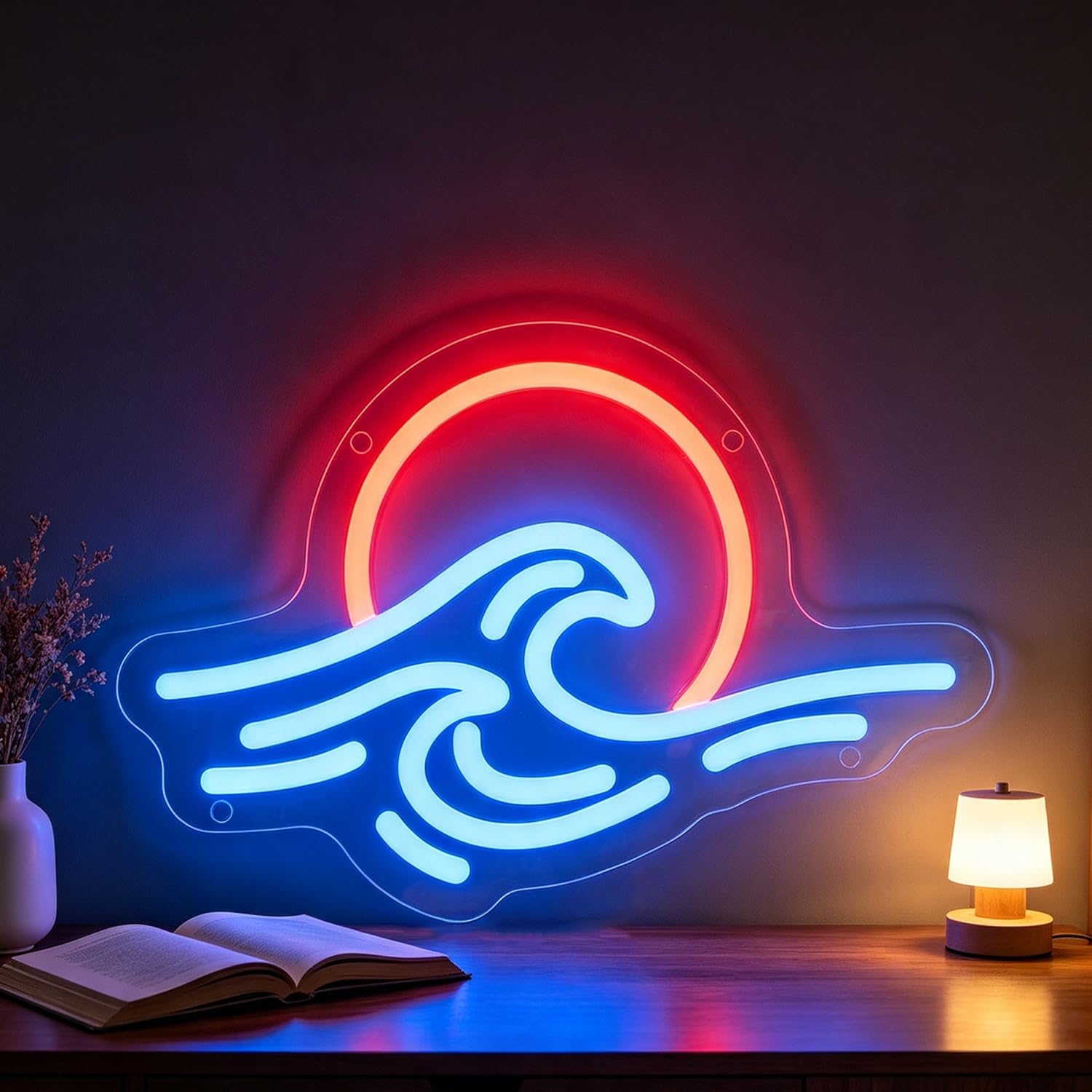 Sunset Sunrise Neon Sign LED Neon Wave Sign Light Up for Wall Decor, Dimmable USB Powered Neon Light for Bedroom, Living Room, Dorm, Apartment, Bar, Hotel, Club, Gatherings Art Wall Decor