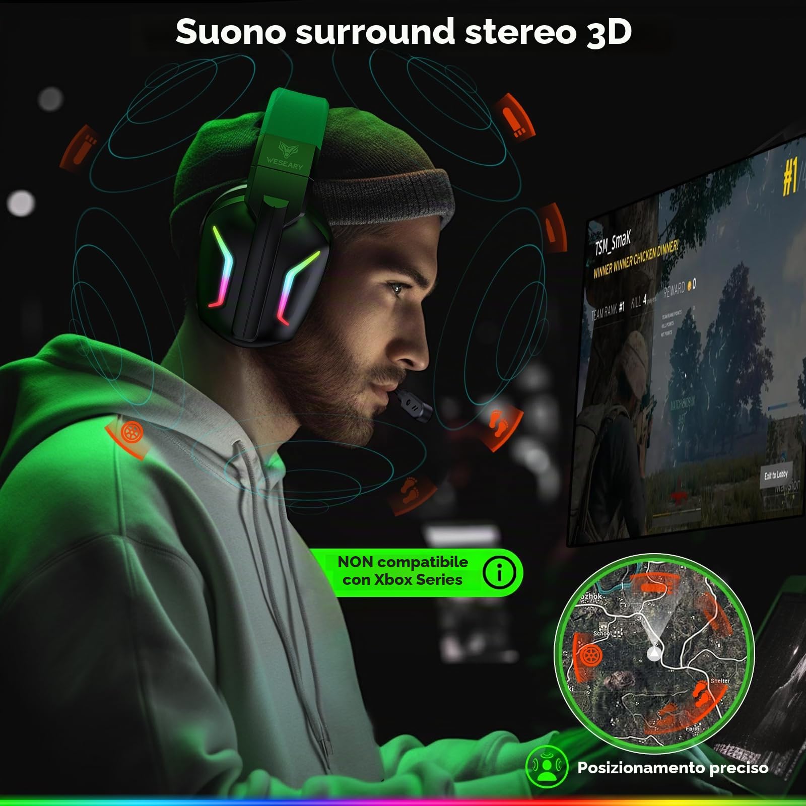 WESEARY WG1 Cuffie Gaming Wireless, 2,4 GHz Cuffie Gaming con Microfono per PS5, PS4, PC, Switch, Mac, Mobile, Cuffie per PS5 con Stereo, Cuffie Bluetooth Over Ear con Luce LED, Batteria da 50 Ore