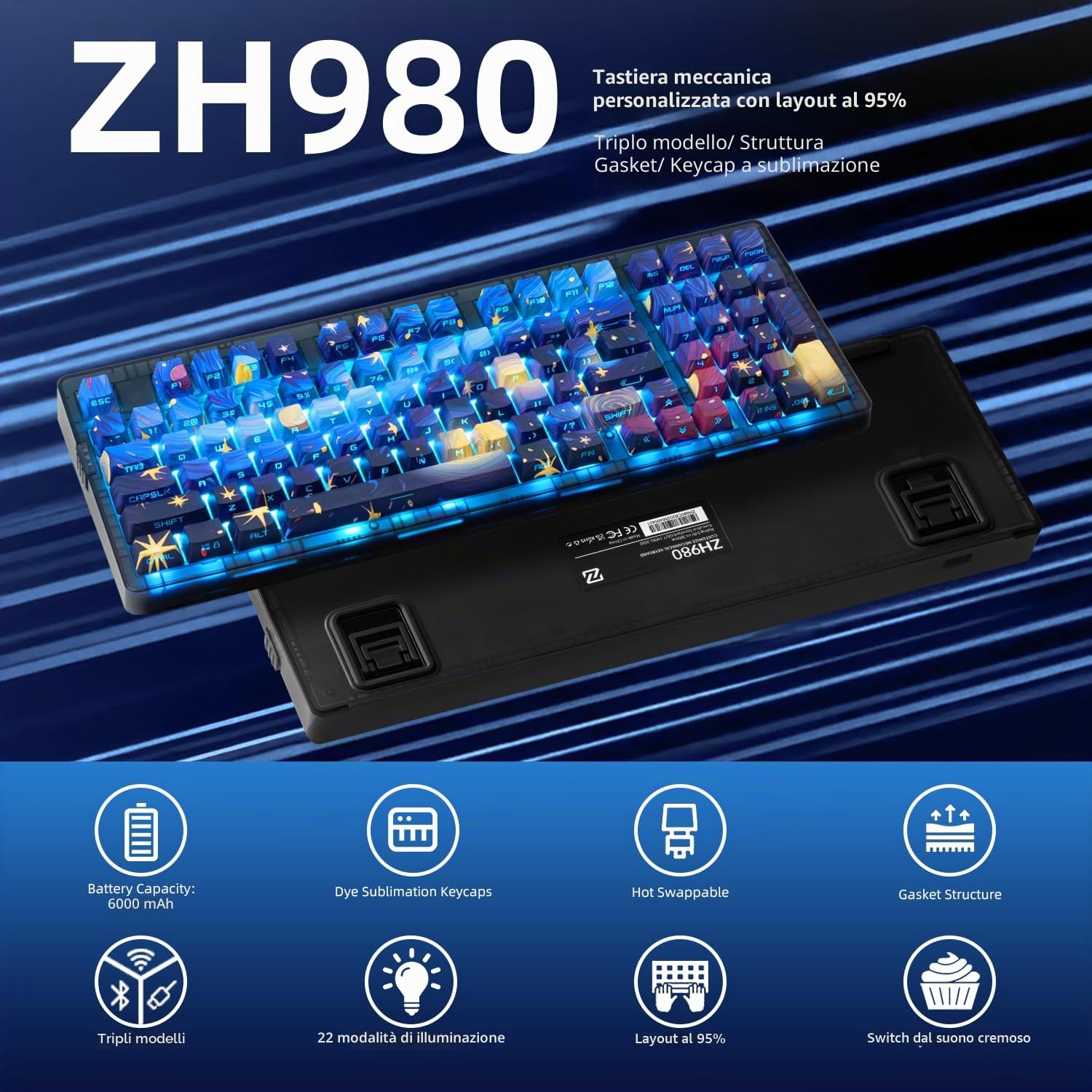 ZORNHER Tastiera meccanica ZH980,Tastiera cremosa blu al 95% con tastierino numerico,Tasti PBT a sublimazione della tintura di notte stellata di,Interruttori lineari dal suono cremoso