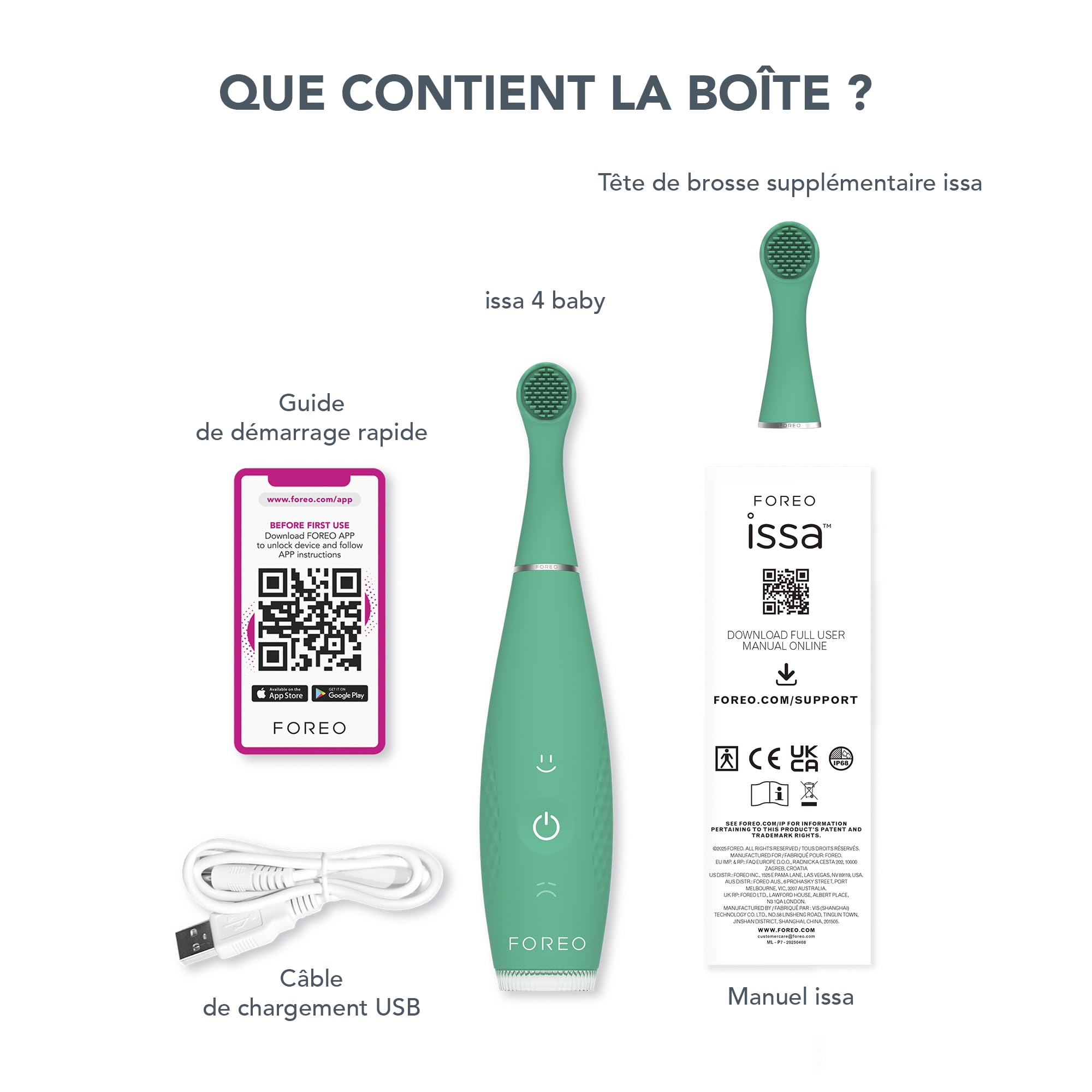 FOREO issa 4 baby – Set spazzolino elettrico sonico in silicone per bambini, setole bifacciali, pulizia denti, massaggio gengivale, 12 mesi di cura con testina extra, 240 giorni batteria, portatile