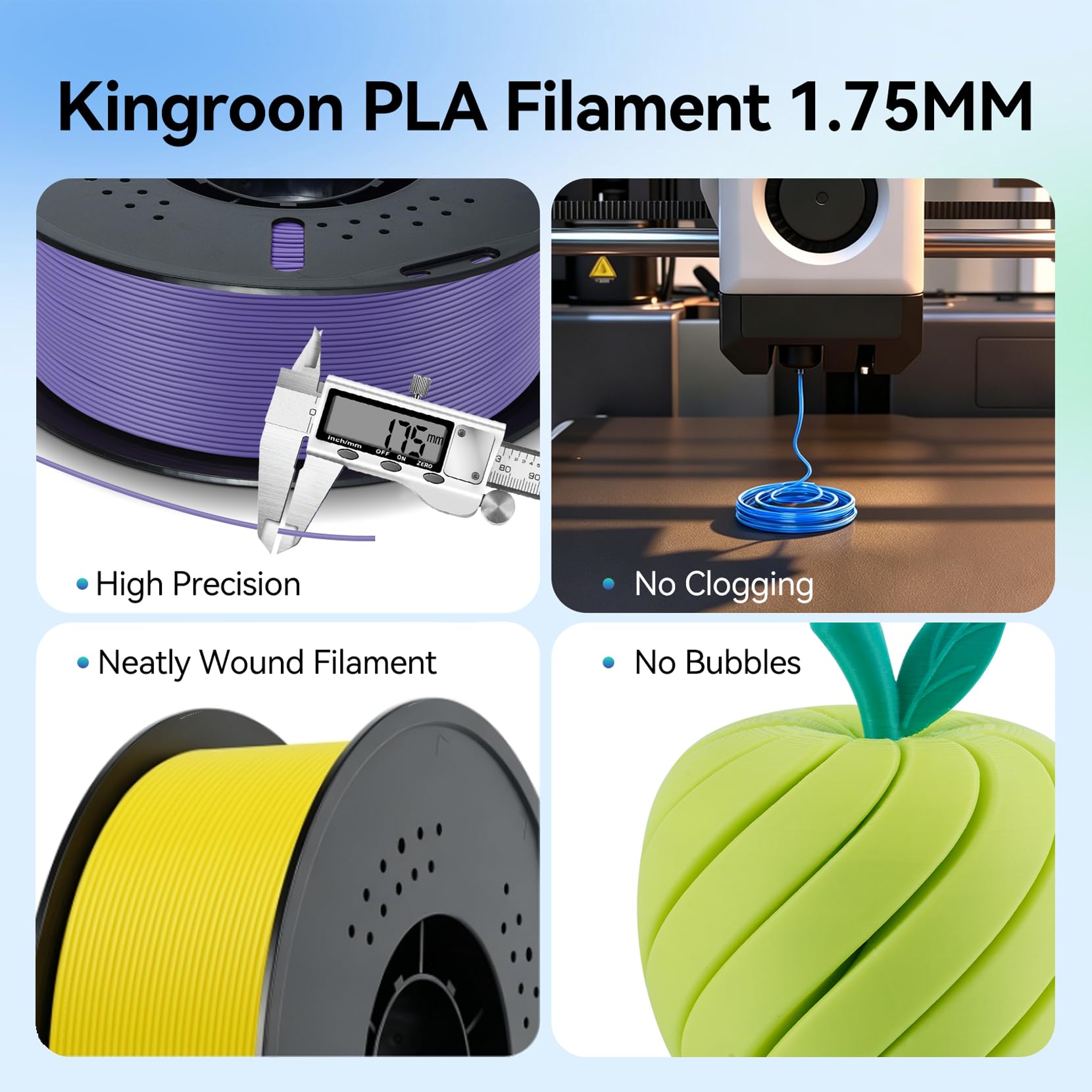 Kingroon Filament PLA 10 kg 1,75 mm, 10 szpul filamentu do drukarki 3D 1 kg, wielokolorowe opakowanie (czarny brązowy, szary, żółty, zielony, fioletowy, srebrny, błękitny, dynia, pomarańczowe drewno