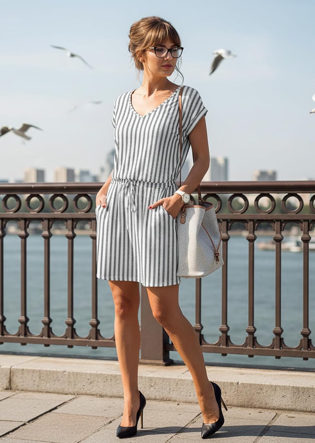 Womens Summer Dress Lantern Sleeve Square Neck Tie Front A-Line Double Layer Hem Mini Dresses - Image 4