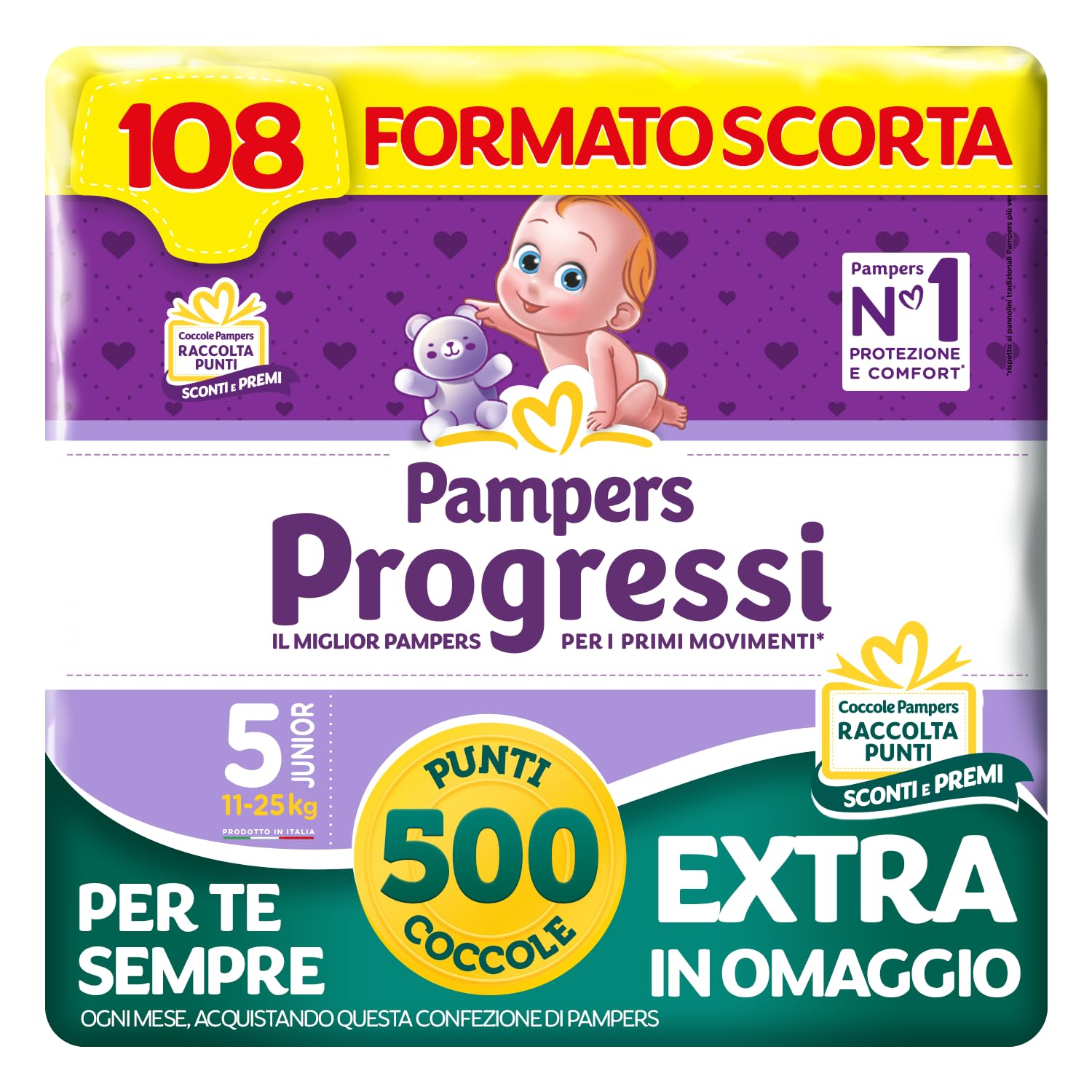 Pampers Progressi Junior, Taglia 5 (11-25 kg), 108 Pannolini Bambino | Formato Scorta, Indicatore di Bagnato, Pelli Delicate, Linguette Rinforzate, Anti-Fuoriuscite, 500 Punti Omaggio