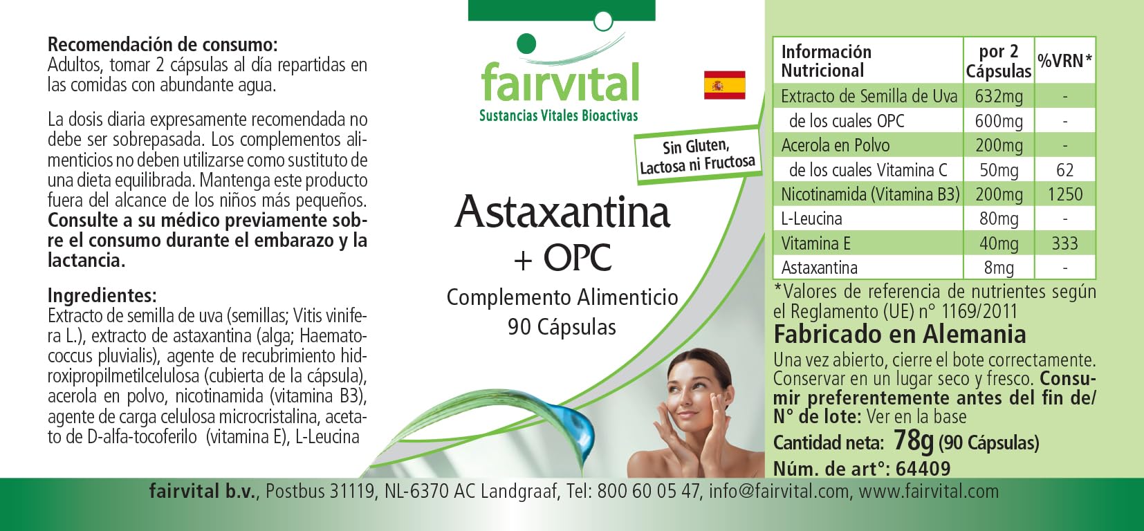 fairvital Astaxanthine + OPC, 90 gélules, avec vitamine c d'acerola, nicotinamide (vitamine B3) et vitamine E, qualité certifiée et hautement dosé, 100% végétalien, fabriqué en Allemagne