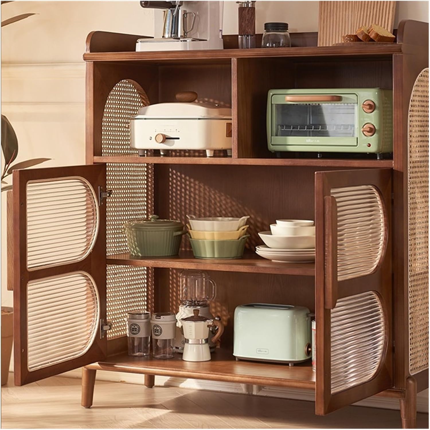 Buffet Cabinet Solid Wood Rattan Sideboard Living Room Storage Cabinet Entryway Double Door Pantry Kitchen Cabinet