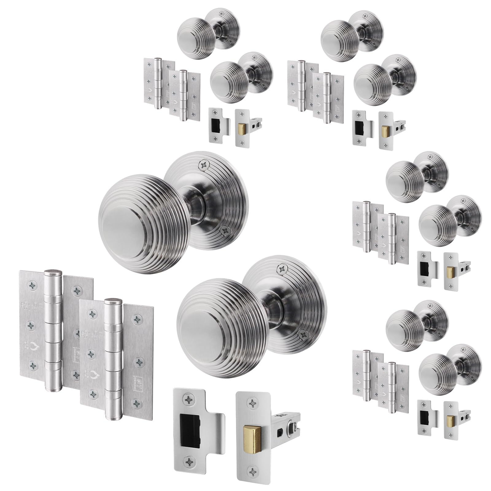 EAI Beehive Door Knob Set Satin Chrome | 4 Pairs of Reeded Mortice Knobs (55mm), Latch (76mm) & Hinges (76mm) for Internal Doors