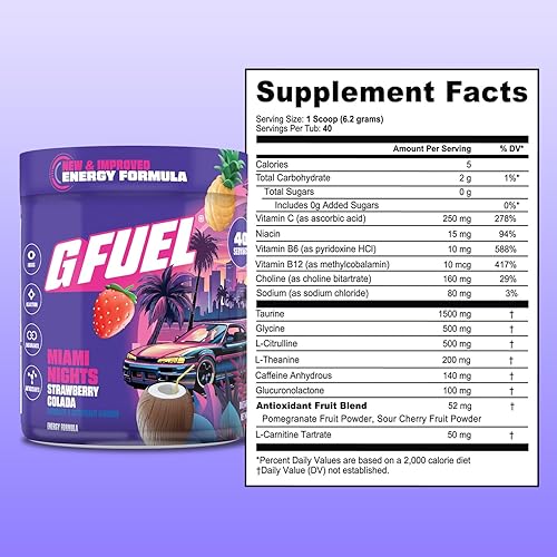 Miniatura 7 de G Fuel Miami Nights 2.0 - Bebida energética en polvo, mezcla de cafeína preentrenamiento para juegos, amino de enfoque sin azúcar, vitamina +