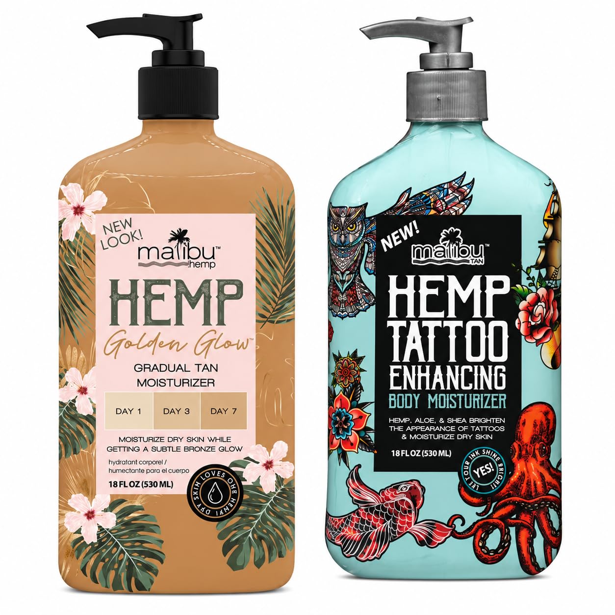 MalibuHemp Gradual Tan Moisturizer & Tattoo Enhancing Body Lotion Set, 18 Fluid Ounces (2 Pack)