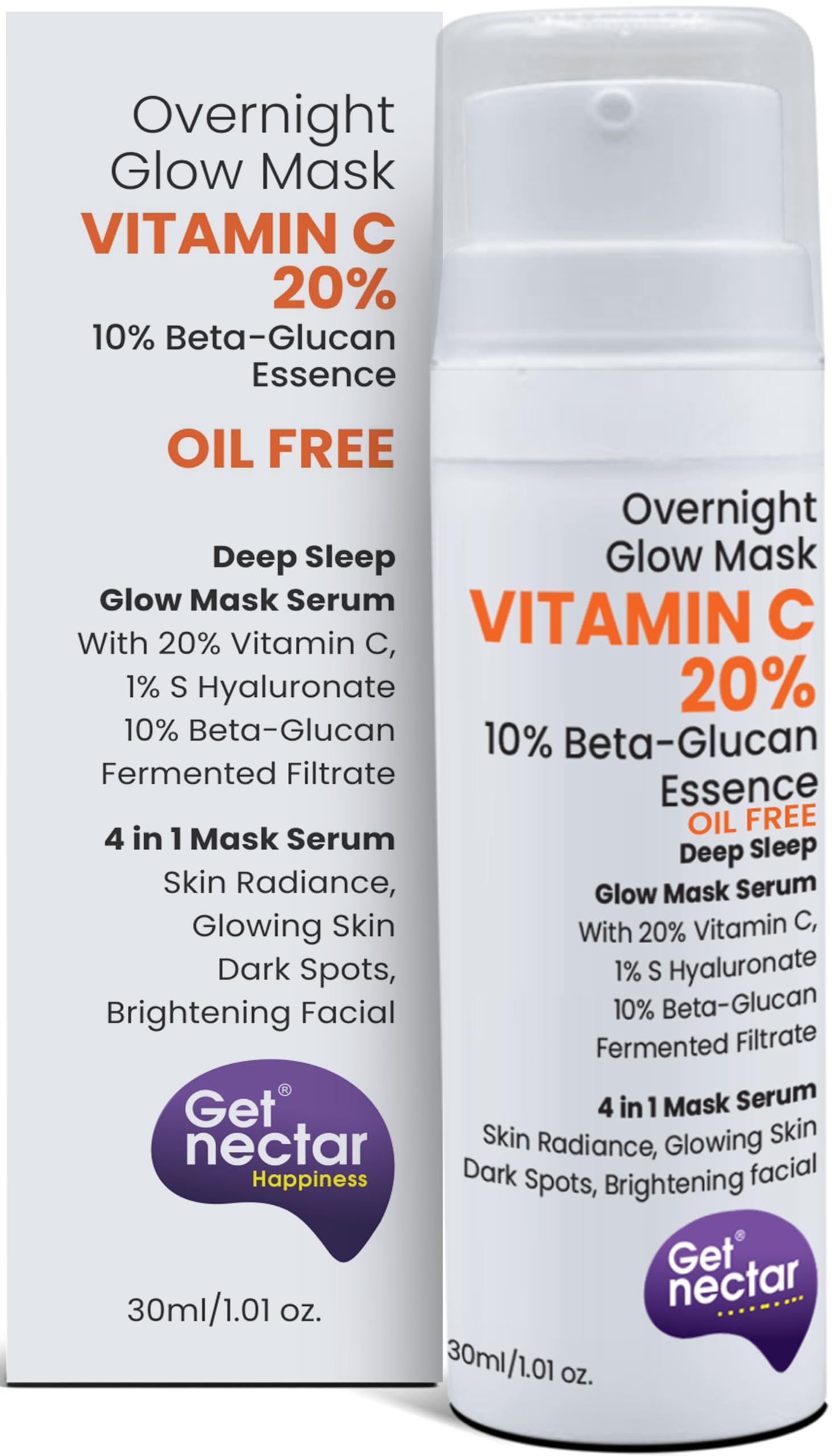 Overnight Glow Mask20% Vitamin C (Oil Free) with Beta-glucan Essence for Skin Radiance, Glowing Skin, Dark Spots & Brightening facial (30ml)